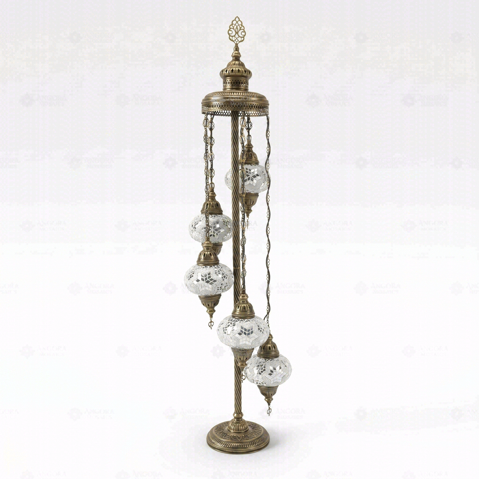 Full view of handmade White white glow Turkish mosaic floor lamp on white background (LMD5N3 (3015))