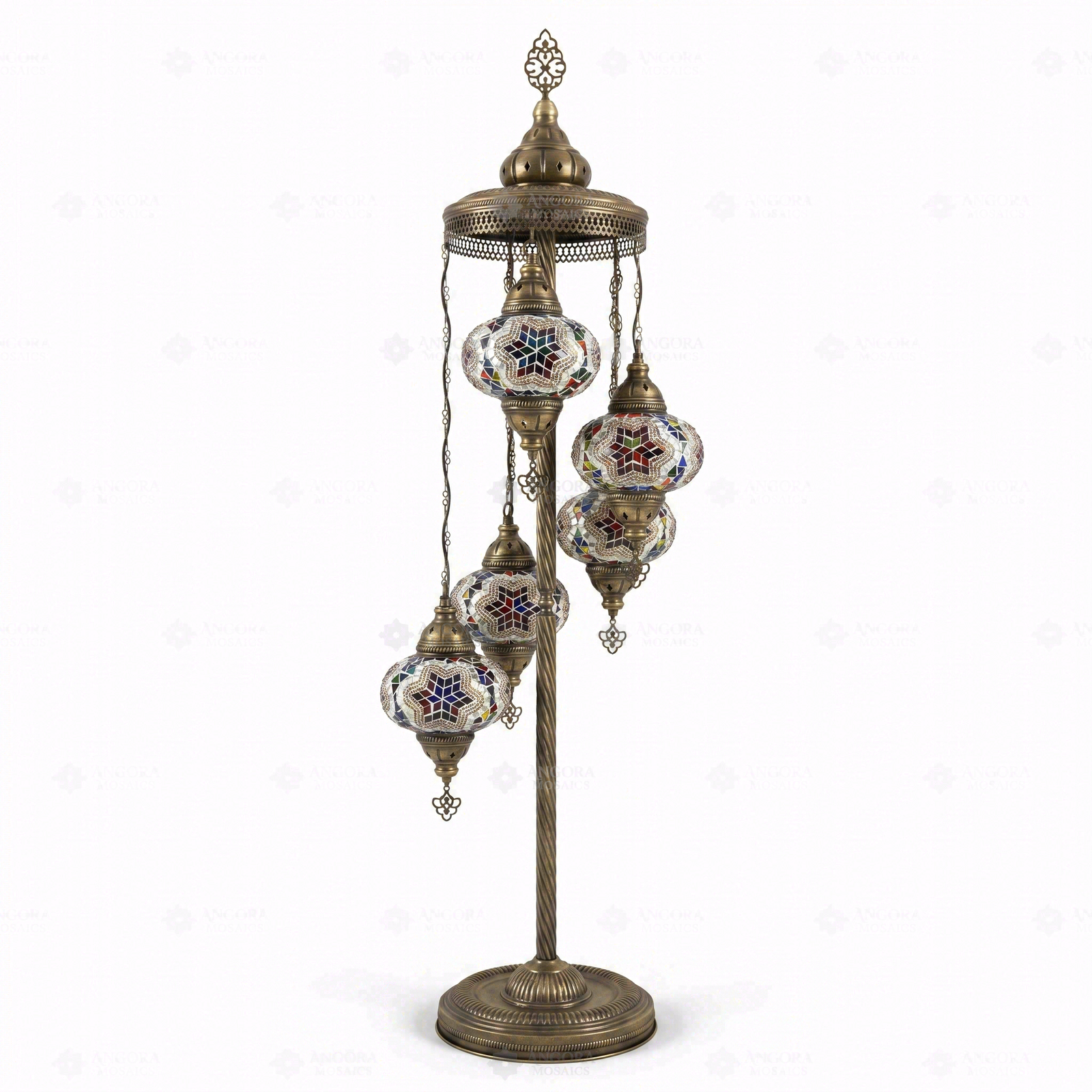 Full view of handmade Multicolor multicolor jewel Turkish mosaic floor lamp on white background (LMD5N3 (3017))