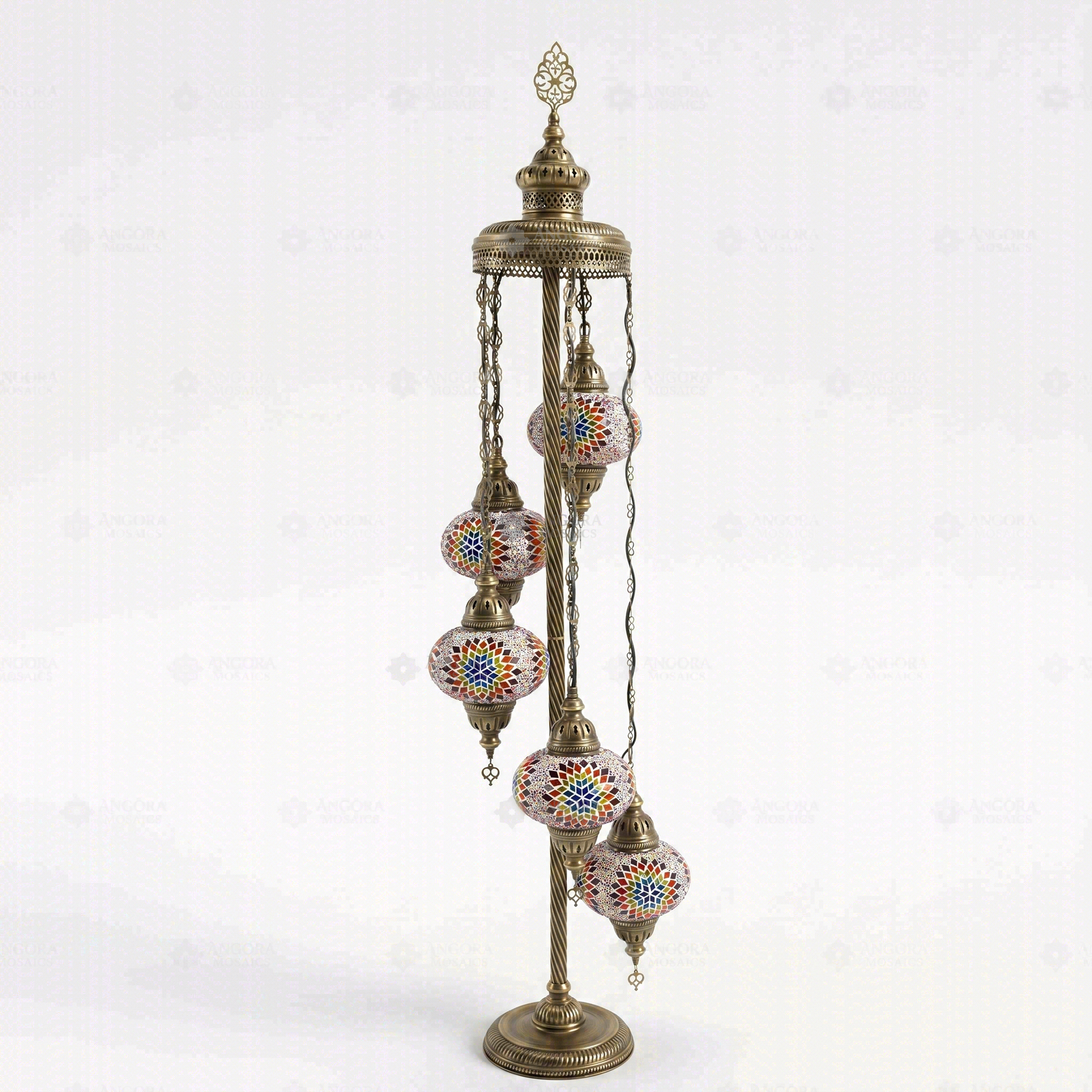 Full view of handmade Multicolor multicolor jewel Turkish mosaic floor lamp on white background (LMD5N3 (3018))