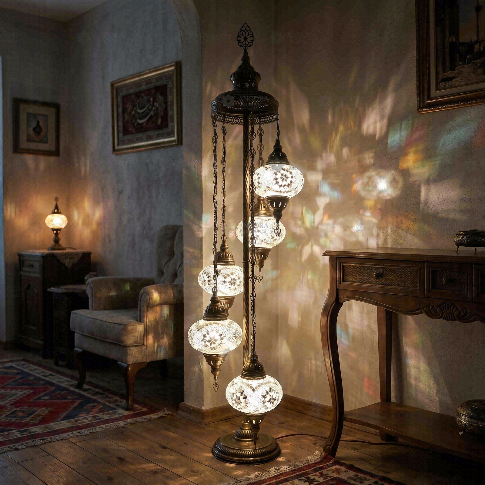 White white glow Turkish mosaic floor lamp in styled room — handmade Moroccan floor lamp (LMD5N3 (3022))