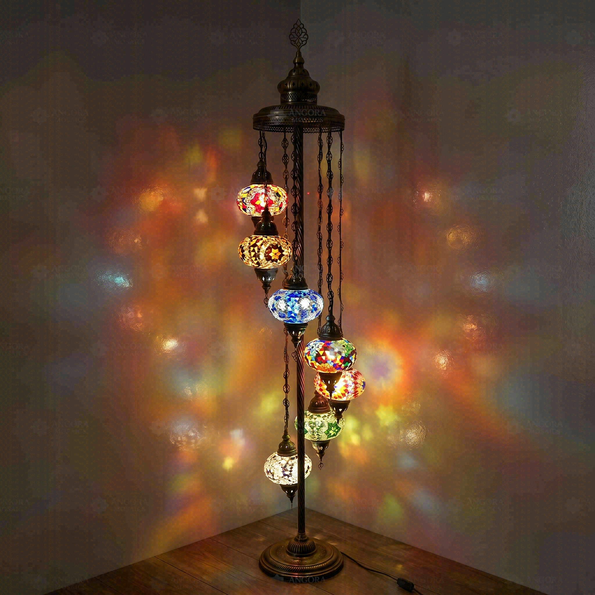 Multicolor Turkish mosaic floor lamp illuminated, showing colorful light projection (LMD7N3 (01-03-17-18-21-34-67))