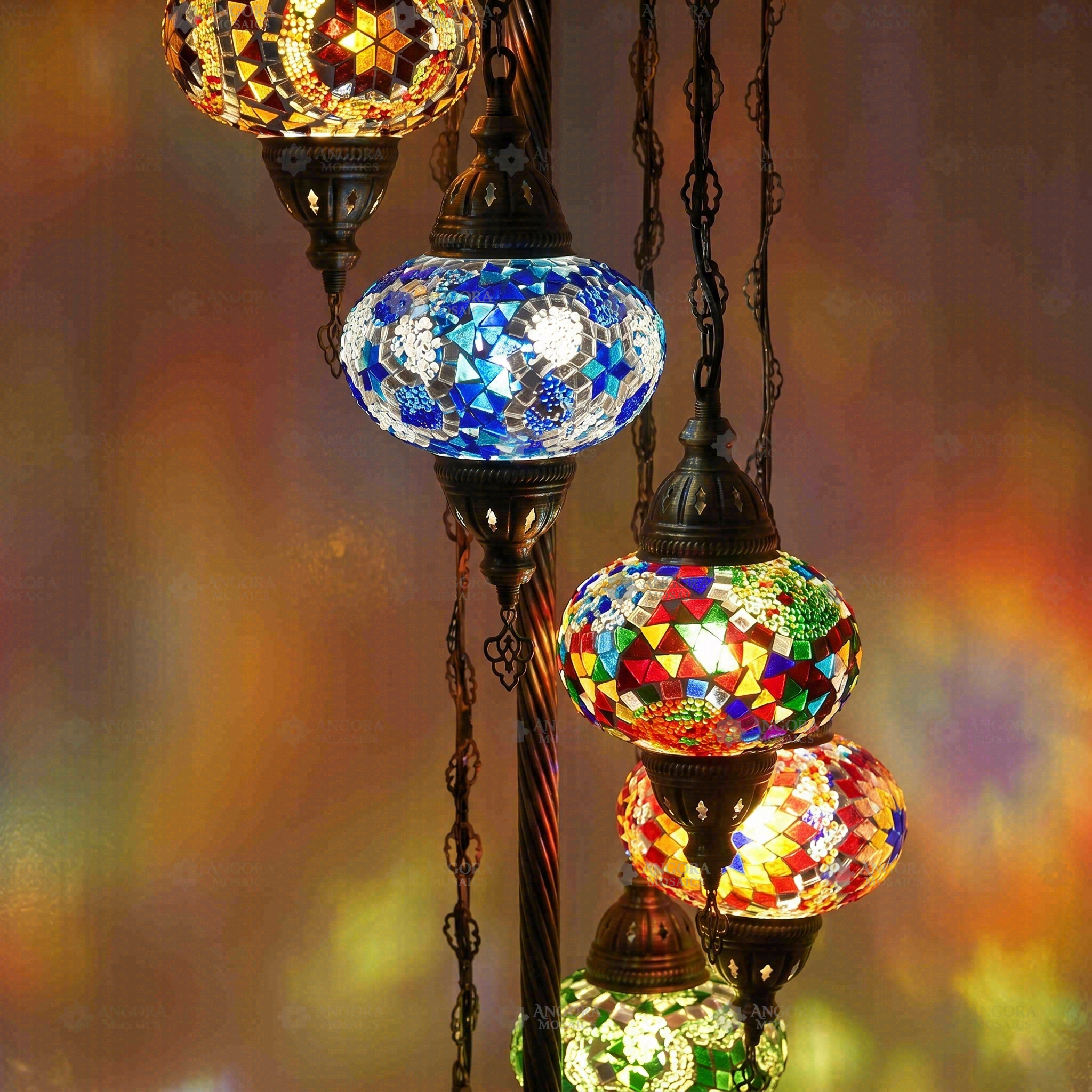 Lit close-up of mosaic glass globe — Multicolor floor lamp glowing (LMD7N3 (01-03-17-18-21-34-67))