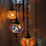 Lit close-up of mosaic glass globe — Multicolor floor lamp glowing (LMD7N3 (04-06-24-25-27-28-65))
