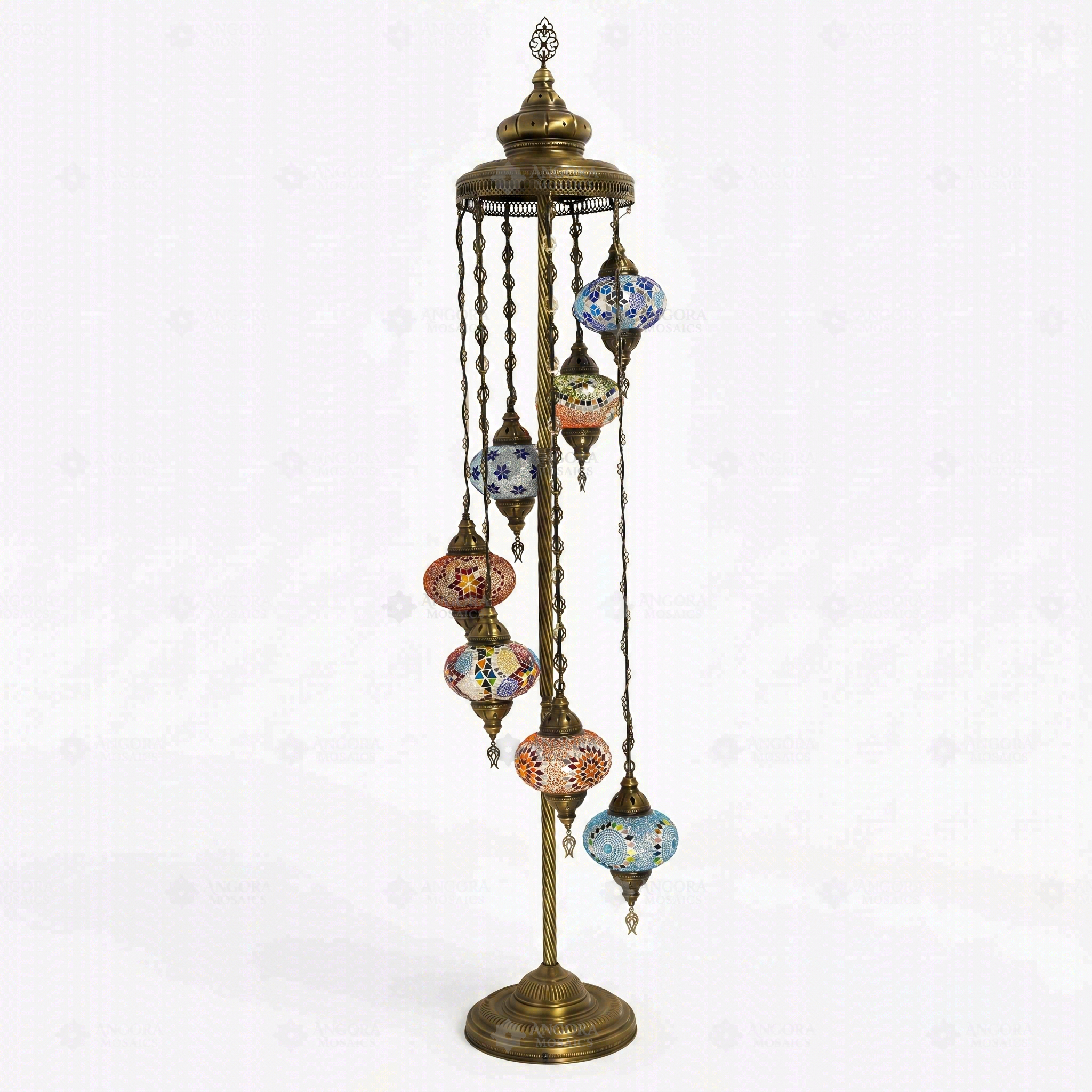 Full view of handmade Multicolor multicolor jewel Turkish mosaic floor lamp on white background (LMD7N3 (04-06-24-25-27-28-65))