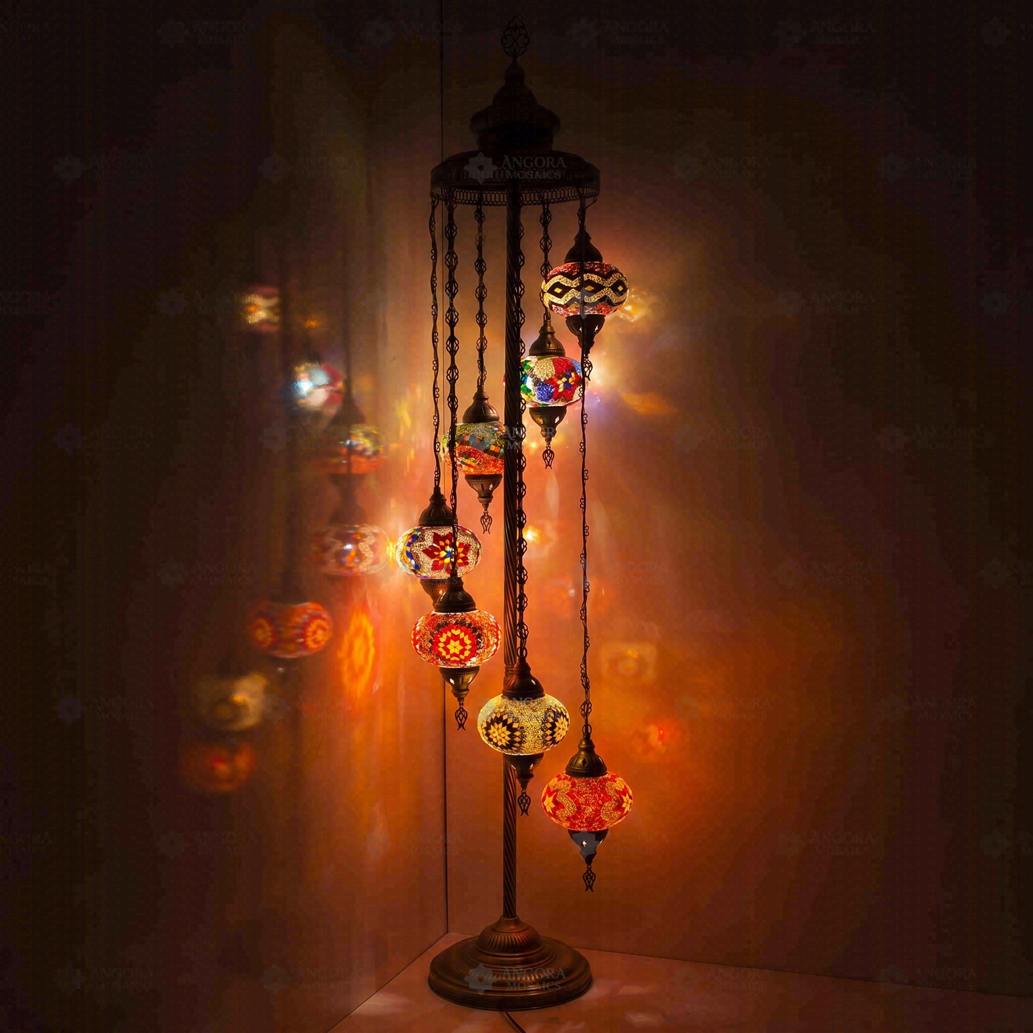 Multicolor Turkish mosaic floor lamp illuminated, showing colorful light projection (LMD7N3 (04-07-13-24-25-26-65))