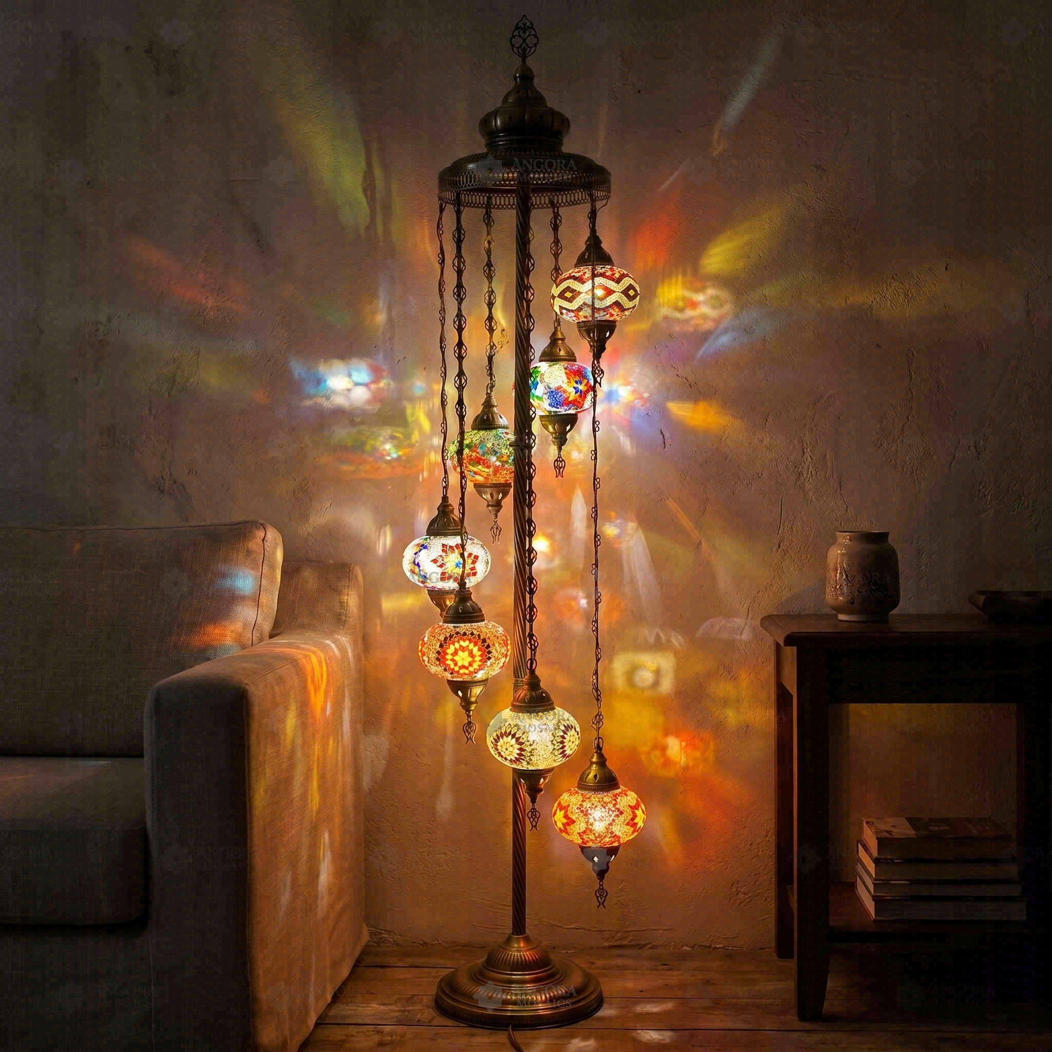 Multicolor multicolor jewel Turkish mosaic floor lamp in styled room — handmade Moroccan floor lamp (LMD7N3 (04-07-13-24-25-26-65))