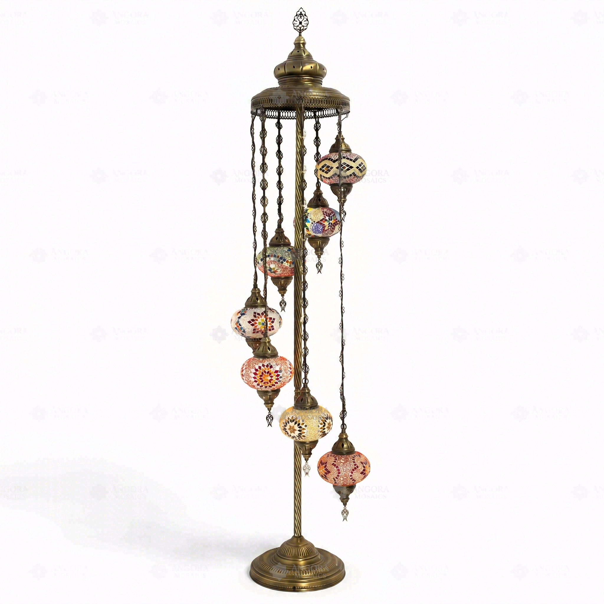 Full view of handmade Multicolor multicolor jewel Turkish mosaic floor lamp on white background (LMD7N3 (04-07-13-24-25-26-65))
