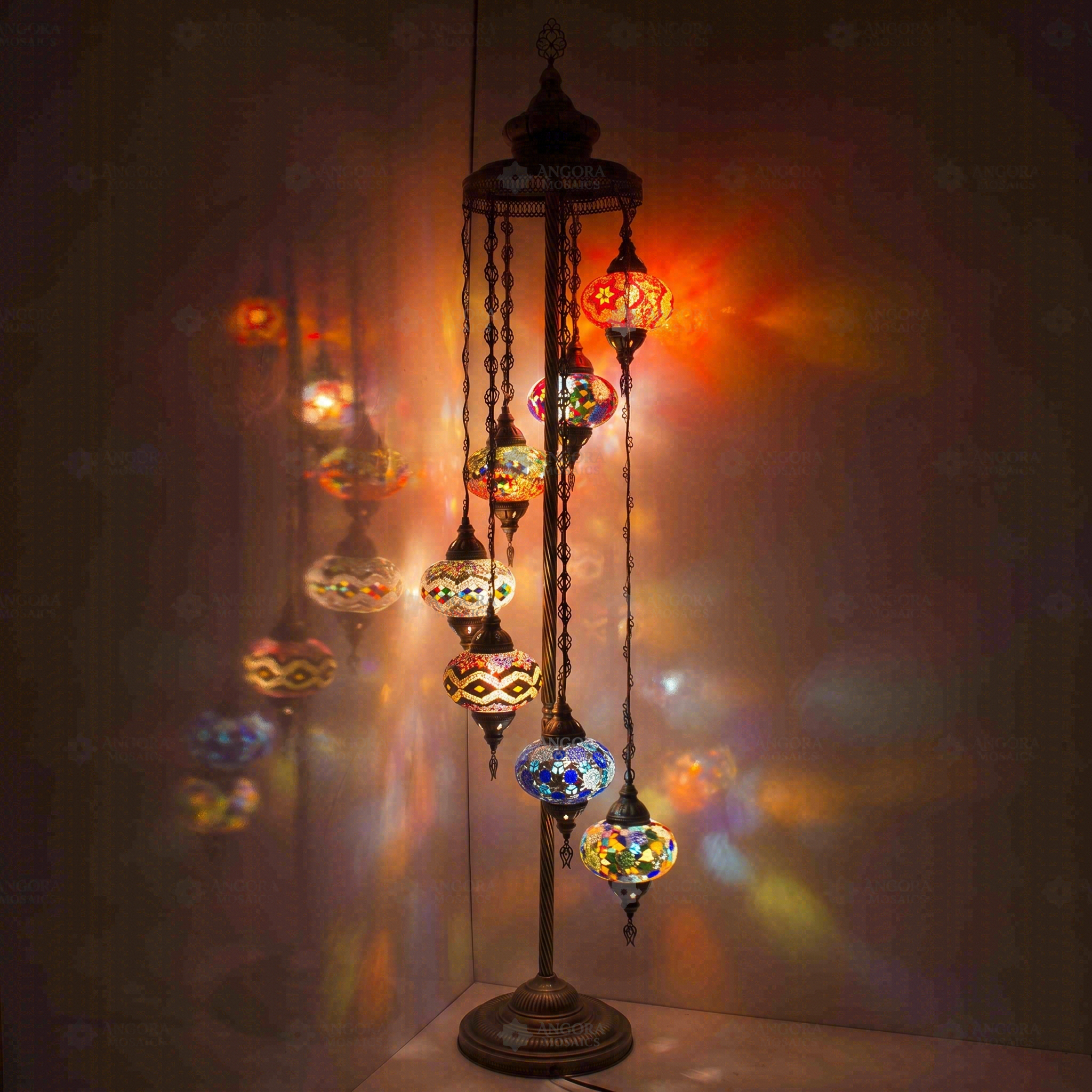 Multicolor Turkish mosaic floor lamp illuminated, showing colorful light projection (LMD7N3 (04-13-14-24-25-28-29))