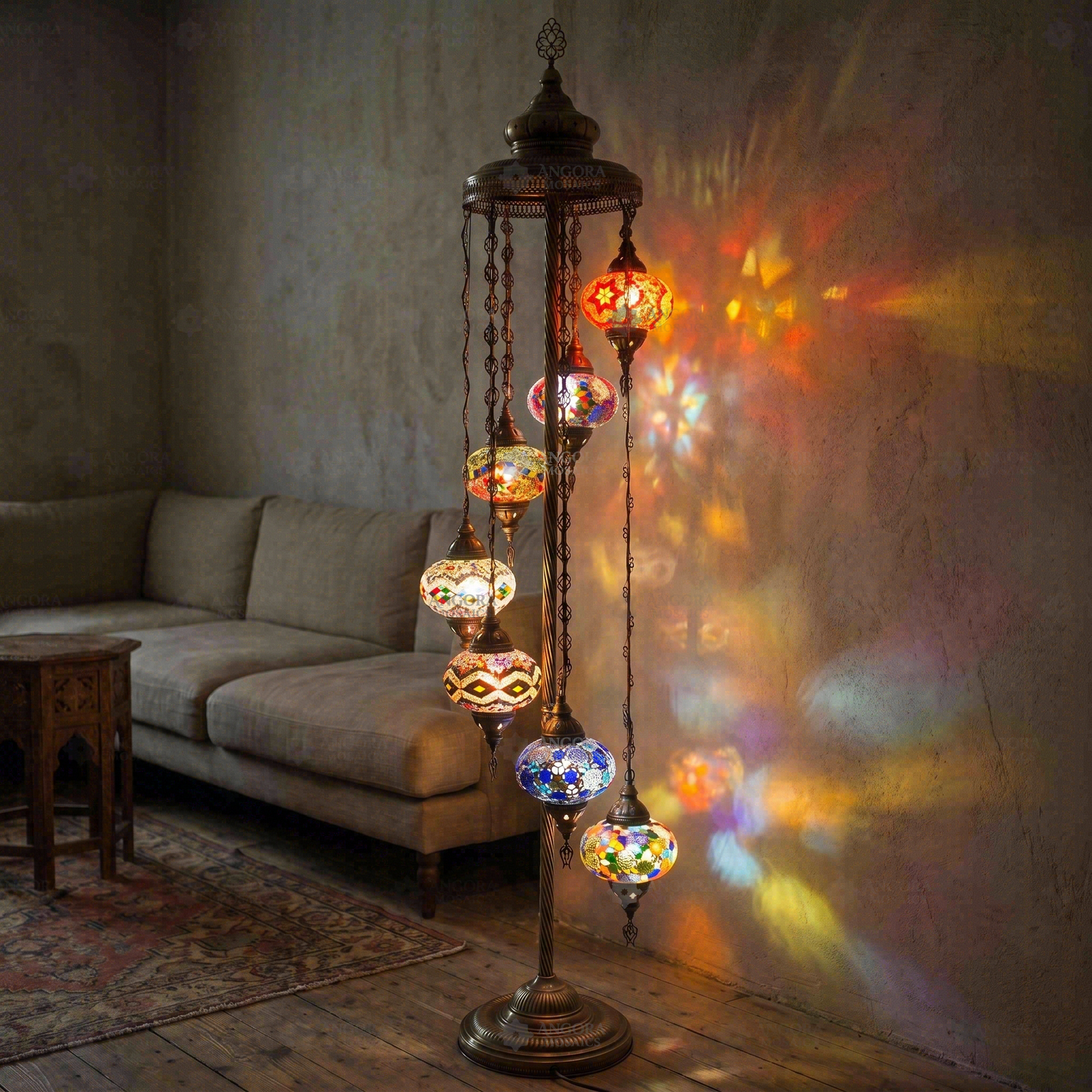 Multicolor multicolor jewel Turkish mosaic floor lamp in styled room — handmade Moroccan floor lamp (LMD7N3 (04-13-14-24-25-28-29))