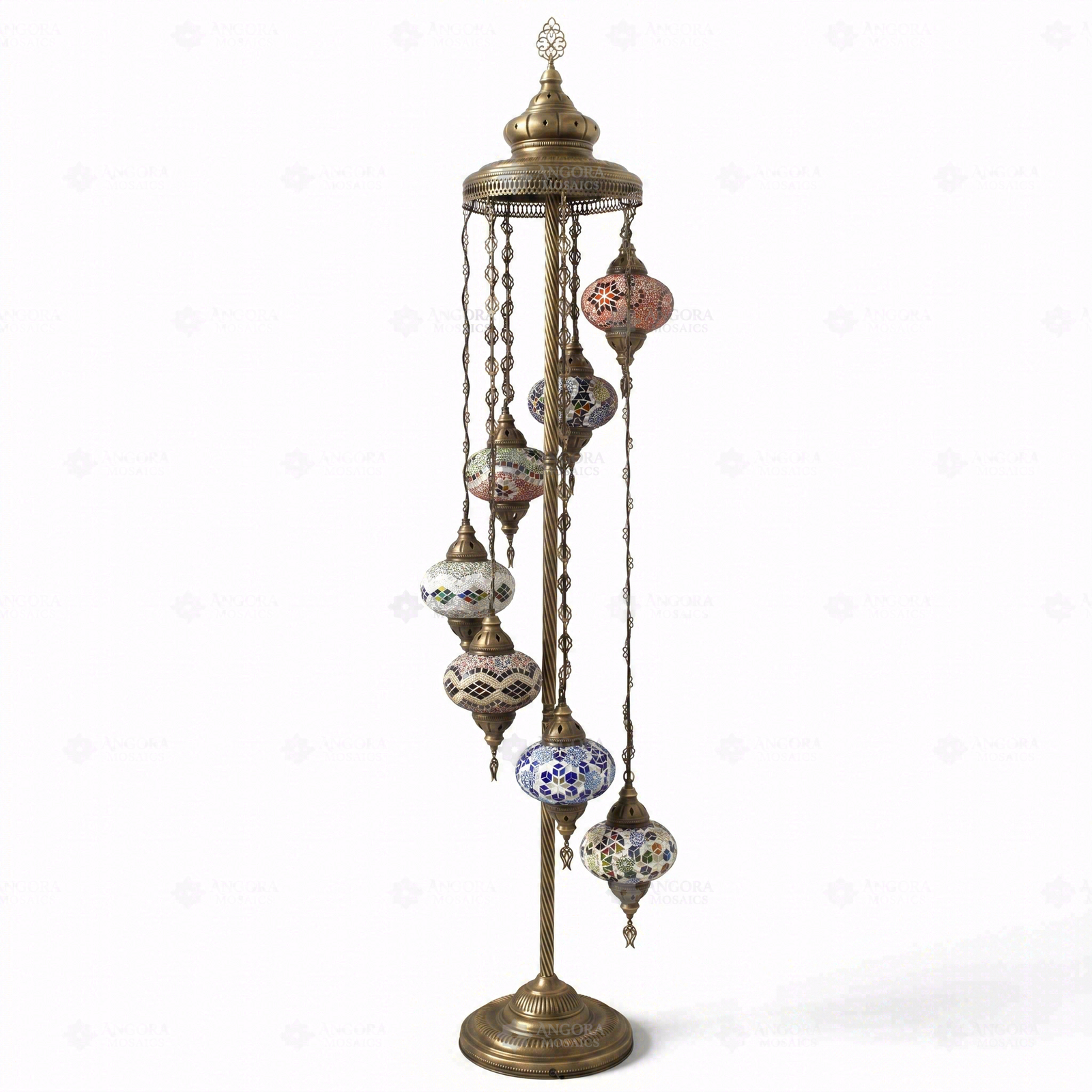 Full view of handmade Multicolor multicolor jewel Turkish mosaic floor lamp on white background (LMD7N3 (04-13-14-24-25-28-29))