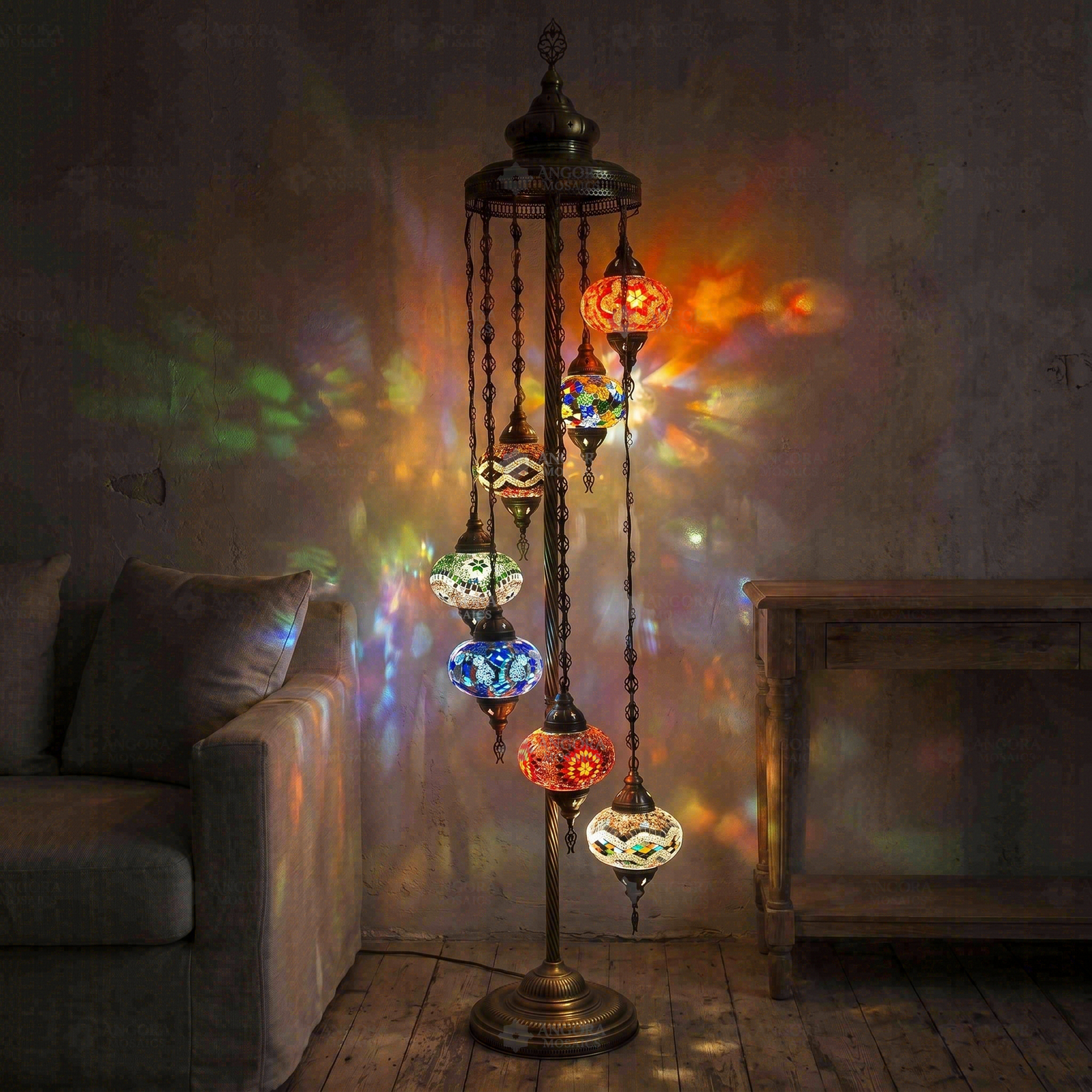 Multicolor multicolor jewel Turkish mosaic floor lamp in styled room — handmade Moroccan floor lamp (LMD7N3 (04-13-14-25-28-29-65))