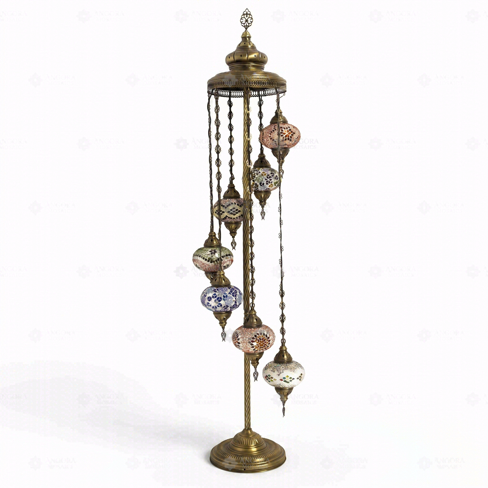 Full view of handmade Multicolor multicolor jewel Turkish mosaic floor lamp on white background (LMD7N3 (04-13-14-25-28-29-65))