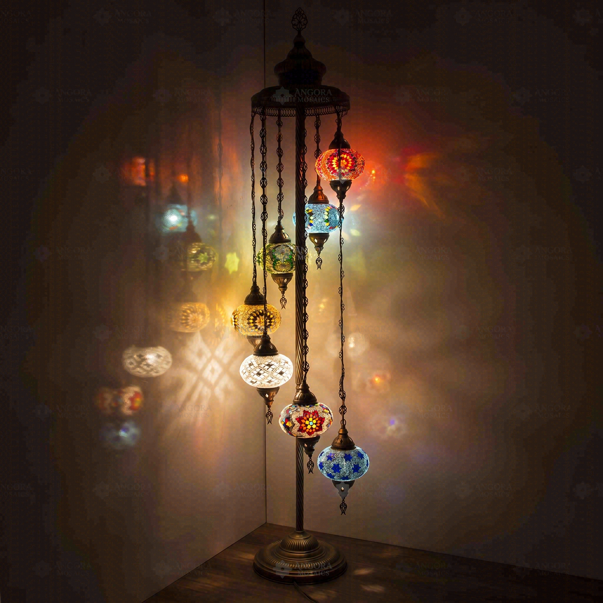 Multicolor Turkish mosaic floor lamp illuminated, showing colorful light projection (LMD7N3 (06-07-12-26-27-65-96))