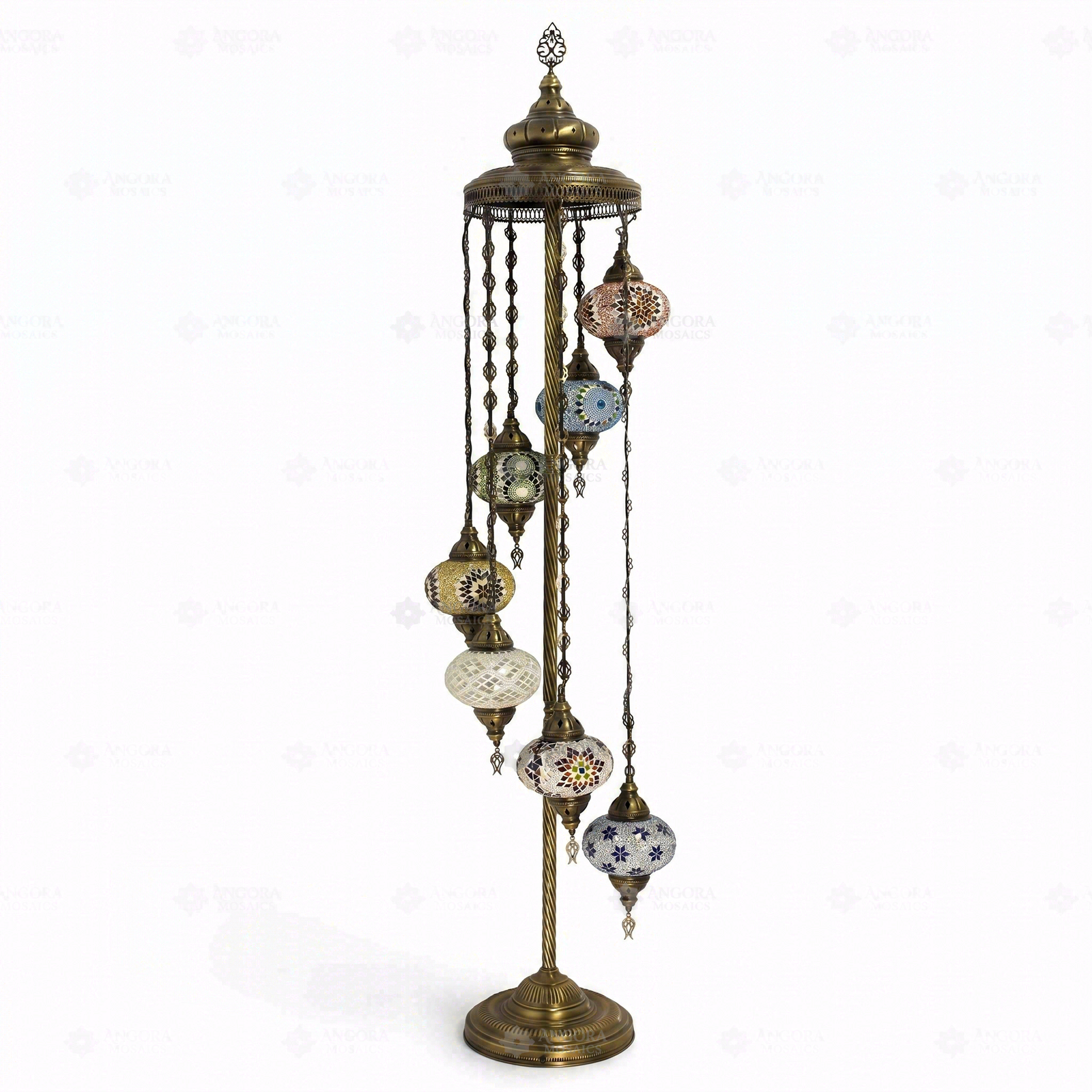 Full view of handmade Multicolor multicolor jewel Turkish mosaic floor lamp on white background (LMD7N3 (06-07-12-26-27-65-96))