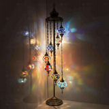 Multicolor Turkish mosaic floor lamp illuminated, showing colorful light projection (LMD7N3 (06-07-14-24-27-28-29))