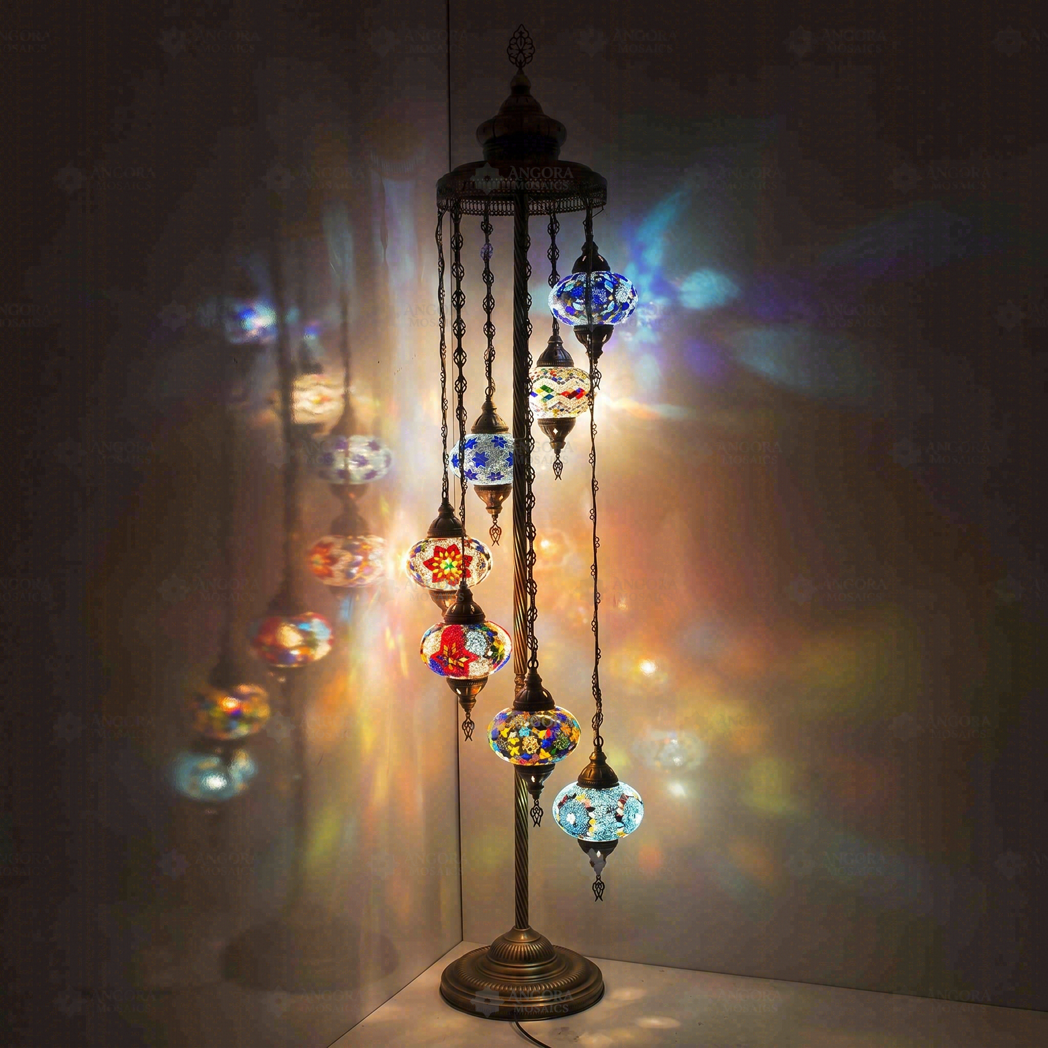 Multicolor Turkish mosaic floor lamp illuminated, showing colorful light projection (LMD7N3 (06-07-14-24-27-28-29))
