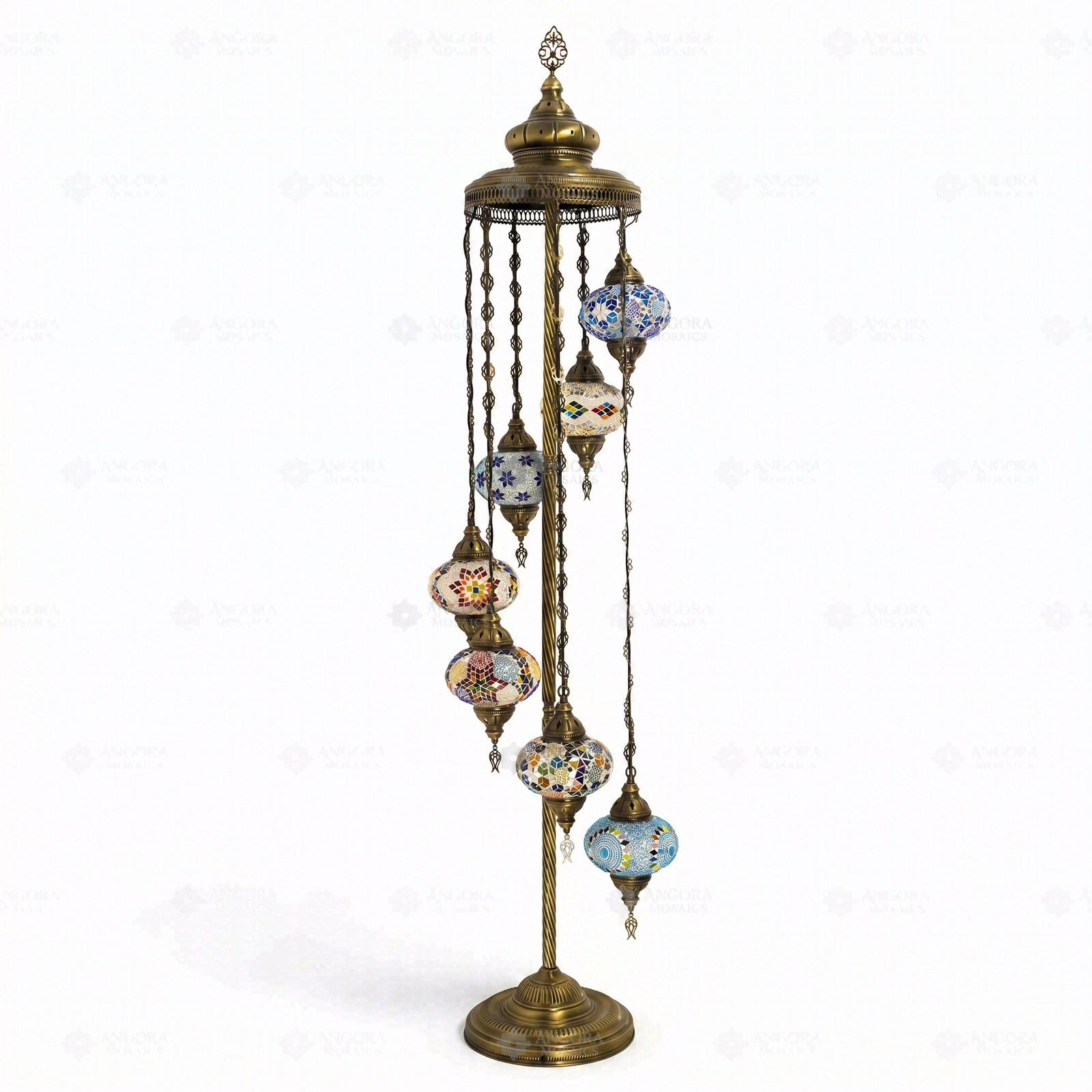 Full view of handmade Multicolor multicolor jewel Turkish mosaic floor lamp on white background (LMD7N3 (06-07-14-24-27-28-29))