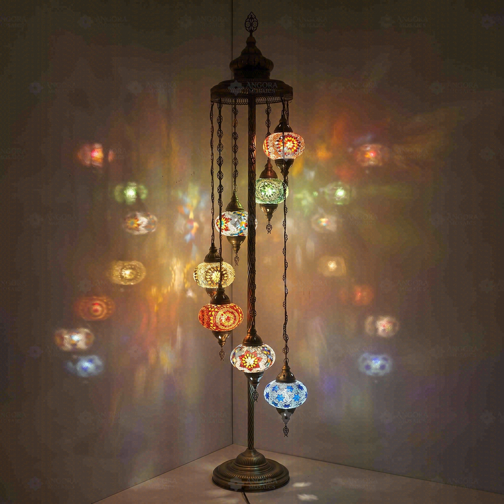 Multicolor Turkish mosaic floor lamp illuminated, showing colorful light projection (LMD7N3 (07-07-26-27-50-65-97))