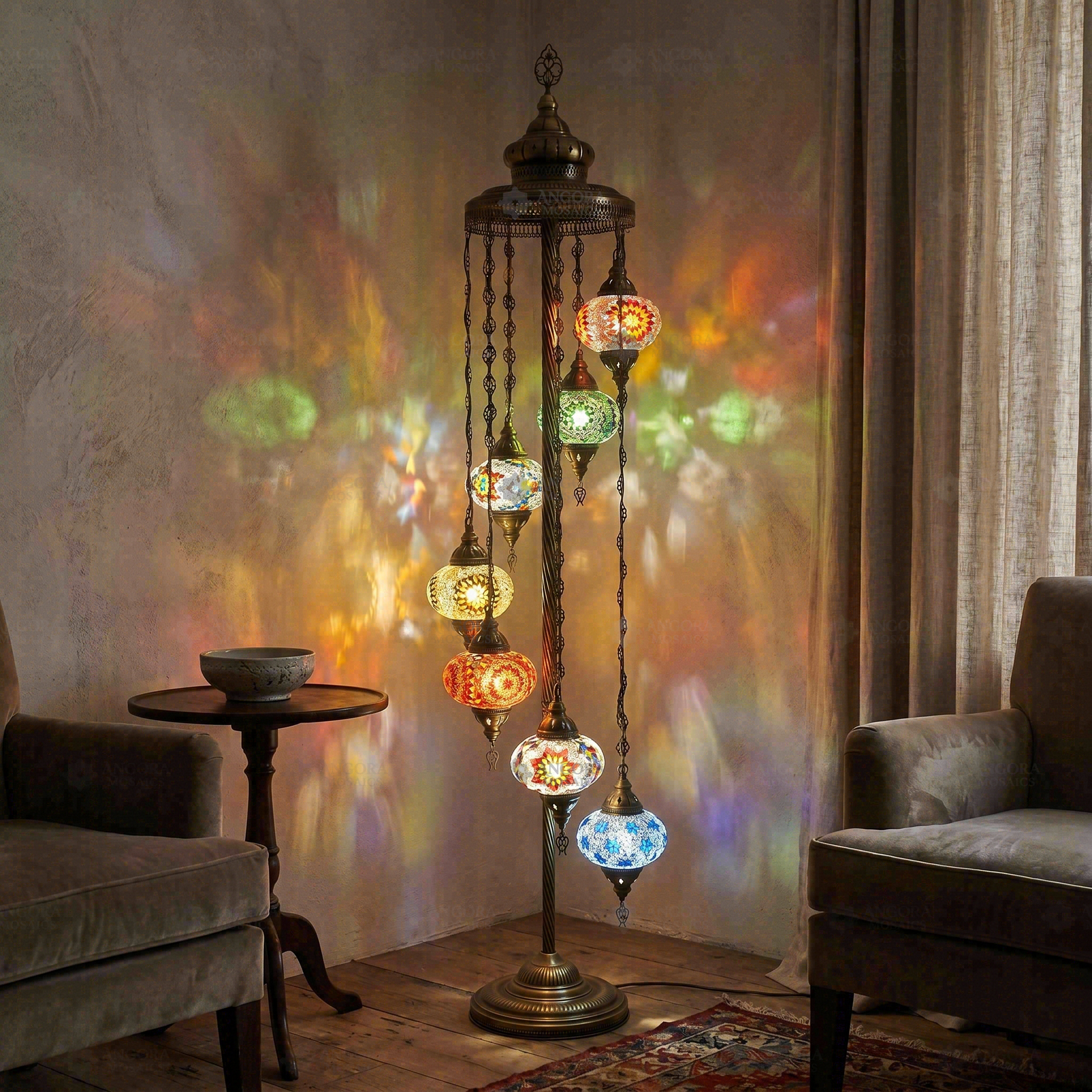 Multicolor multicolor jewel Turkish mosaic floor lamp in styled room — handmade Moroccan floor lamp (LMD7N3 (07-07-26-27-50-65-97))