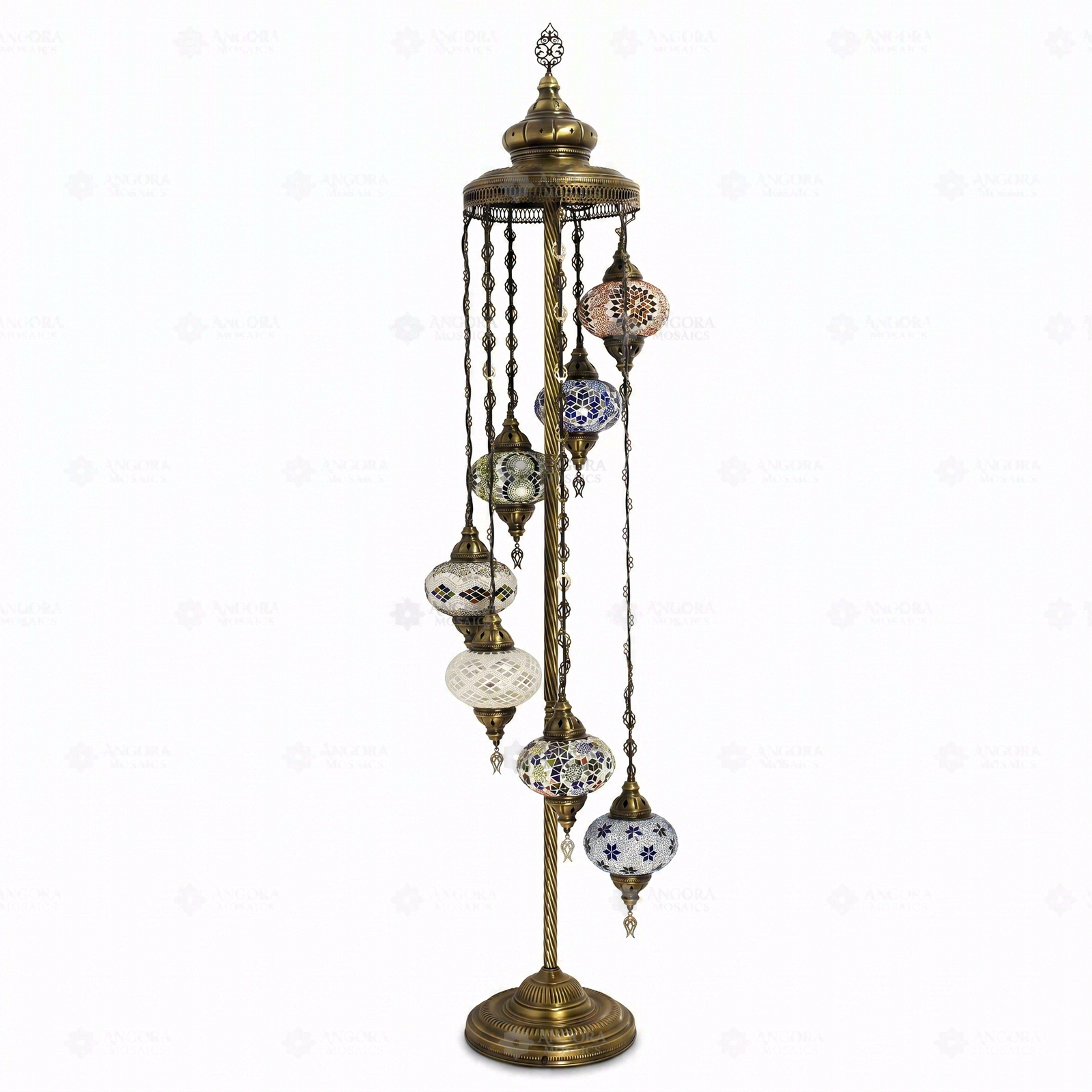 Full view of handmade Multicolor multicolor jewel Turkish mosaic floor lamp on white background (LMD7N3 (12-13-27-28-29-65-96))