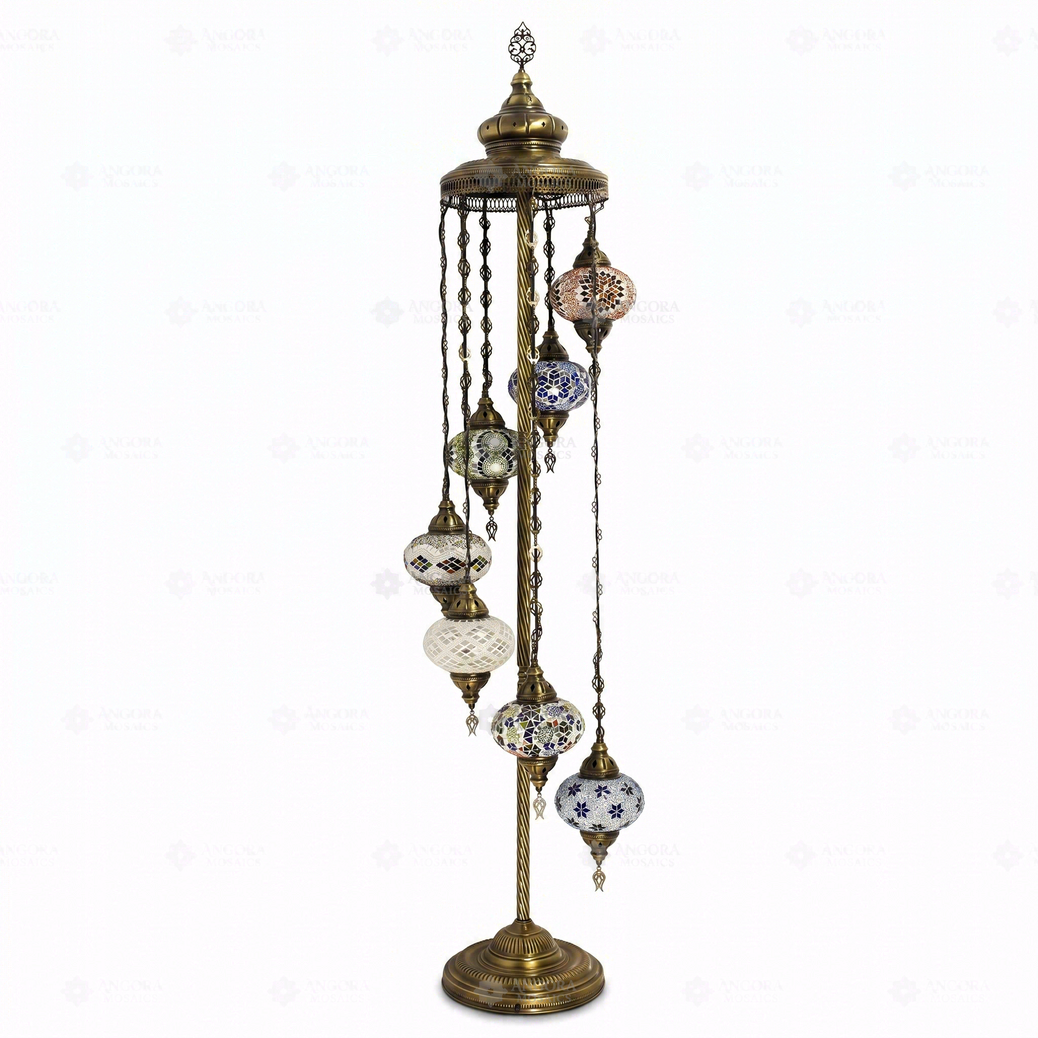 Full view of handmade Multicolor multicolor jewel Turkish mosaic floor lamp on white background (LMD7N3 (12-13-27-28-29-65-96))