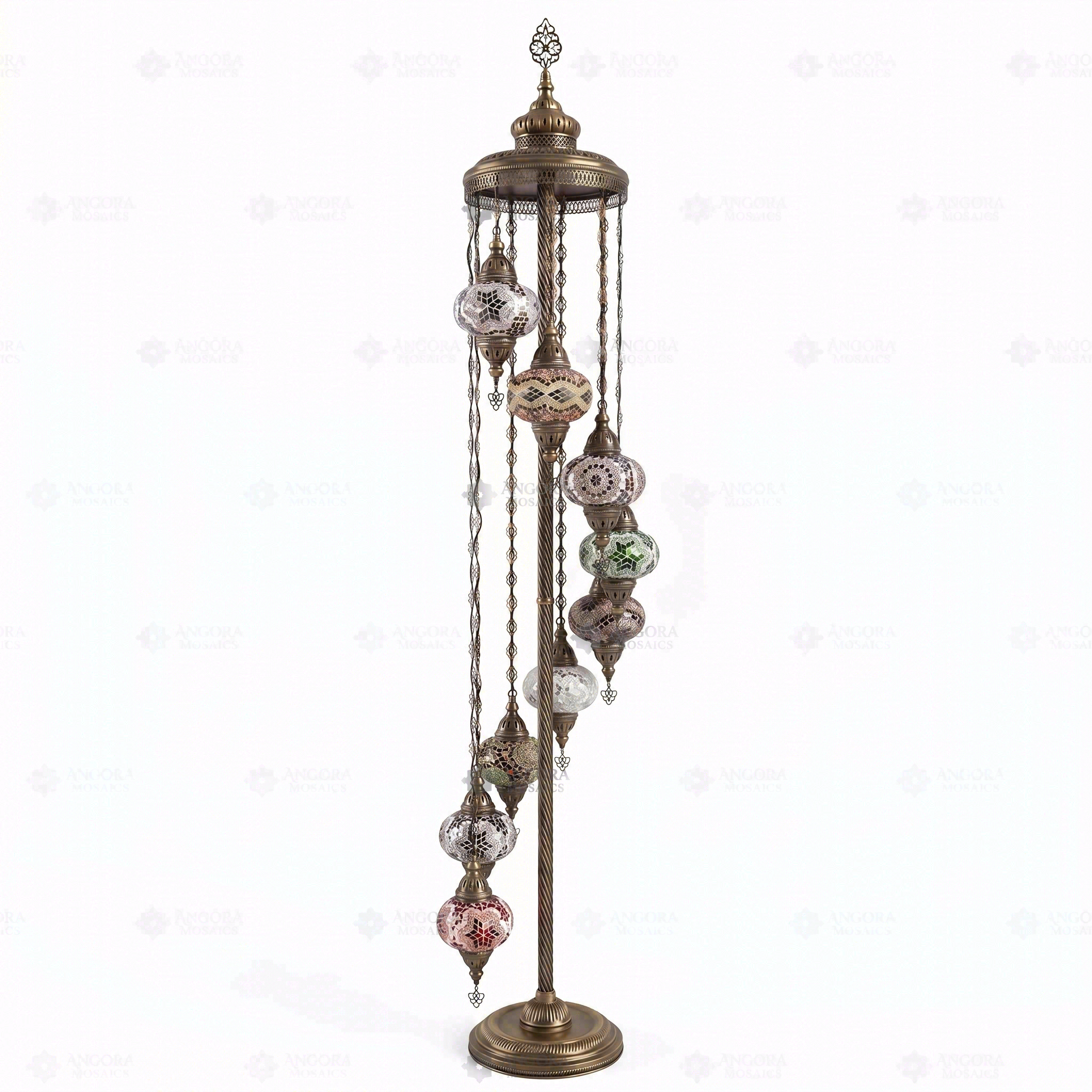 Full view of handmade Multicolor multicolor jewel Turkish mosaic floor lamp on white background (LMD9N3 (01-03-09-11-13-15-17-19-21))