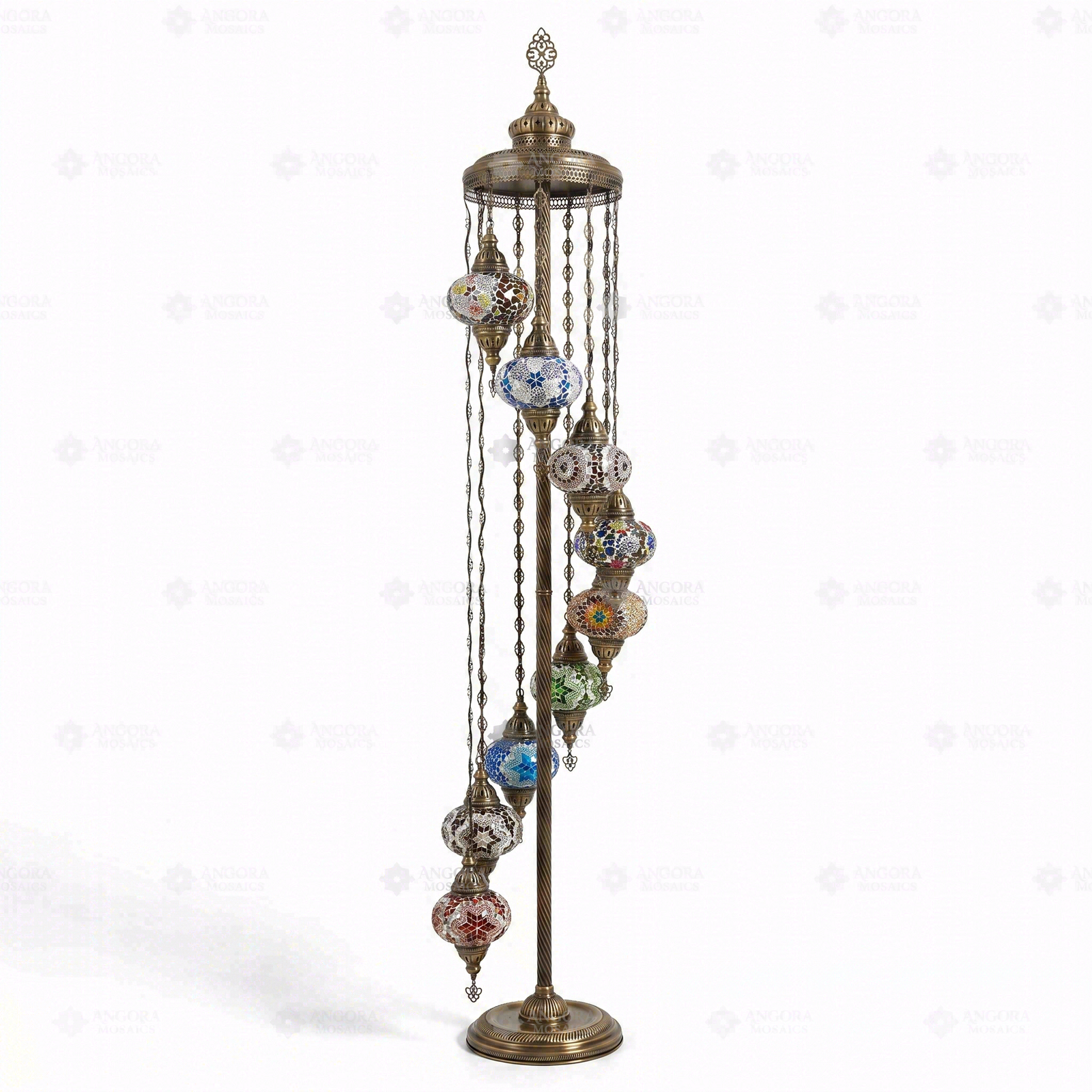 Full view of handmade Multicolor multicolor jewel Turkish mosaic floor lamp on white background (LMD9N3 (03-11-16-17-18-19-21-29-34))