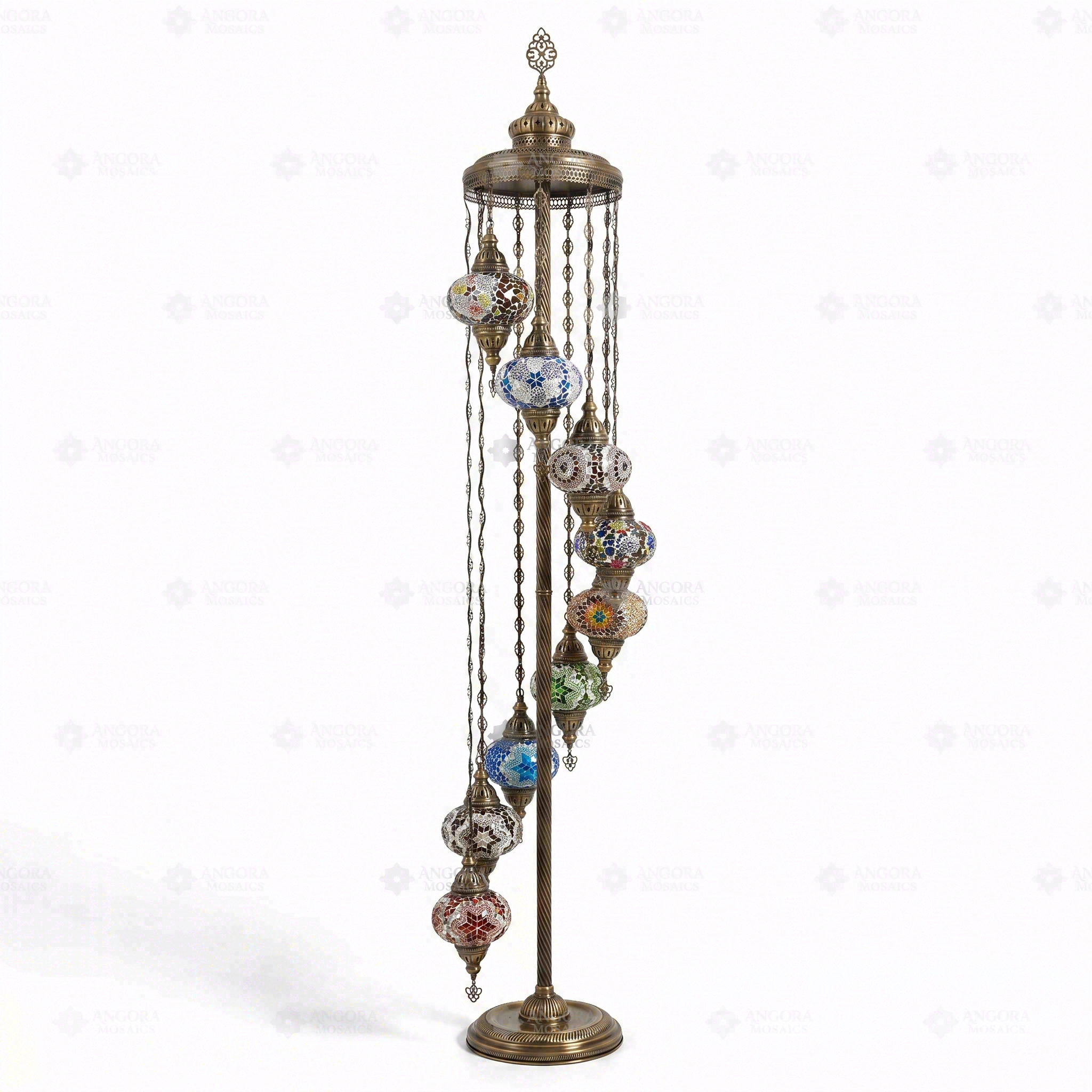 Full view of handmade Multicolor multicolor jewel Turkish mosaic floor lamp on white background (LMD9N3 (03-11-16-17-18-19-21-29-34))