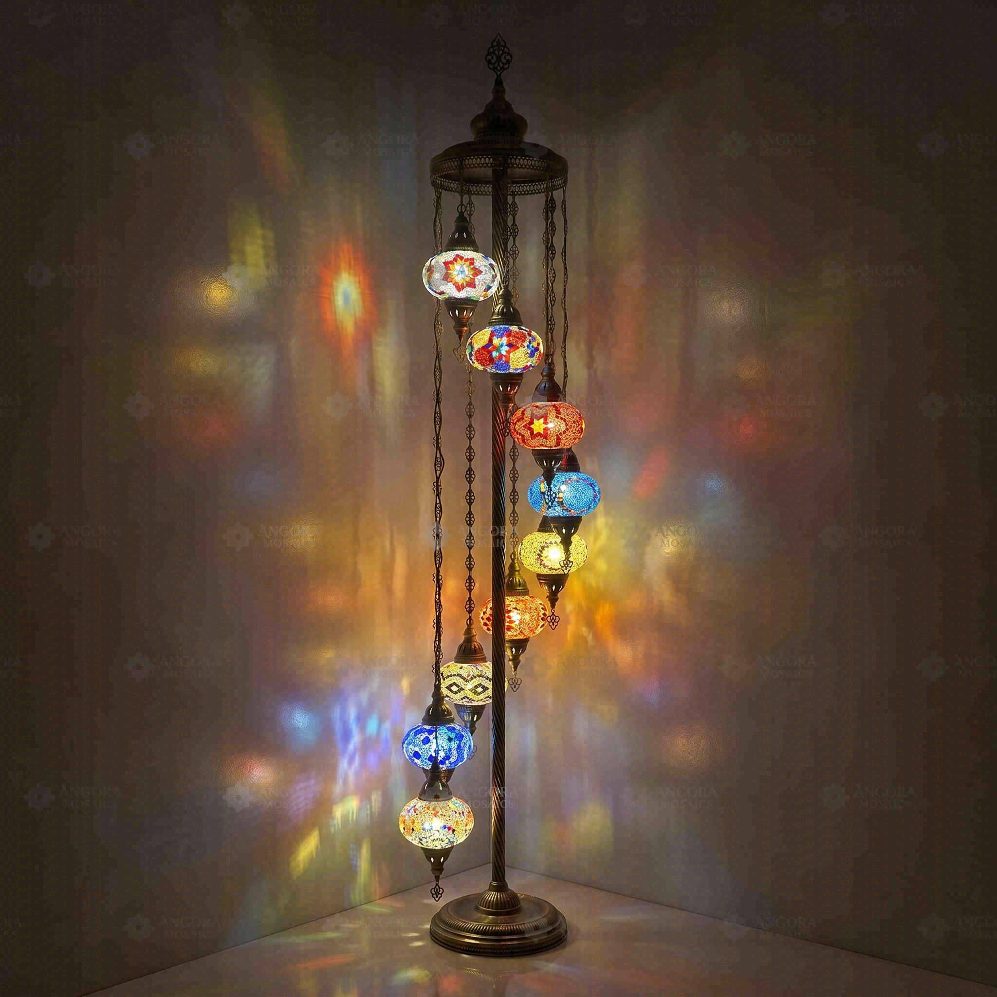 Multicolor Turkish mosaic floor lamp illuminated, showing colorful light projection (LMD9N3 (04-06-07-13-24-25-26-28-65))
