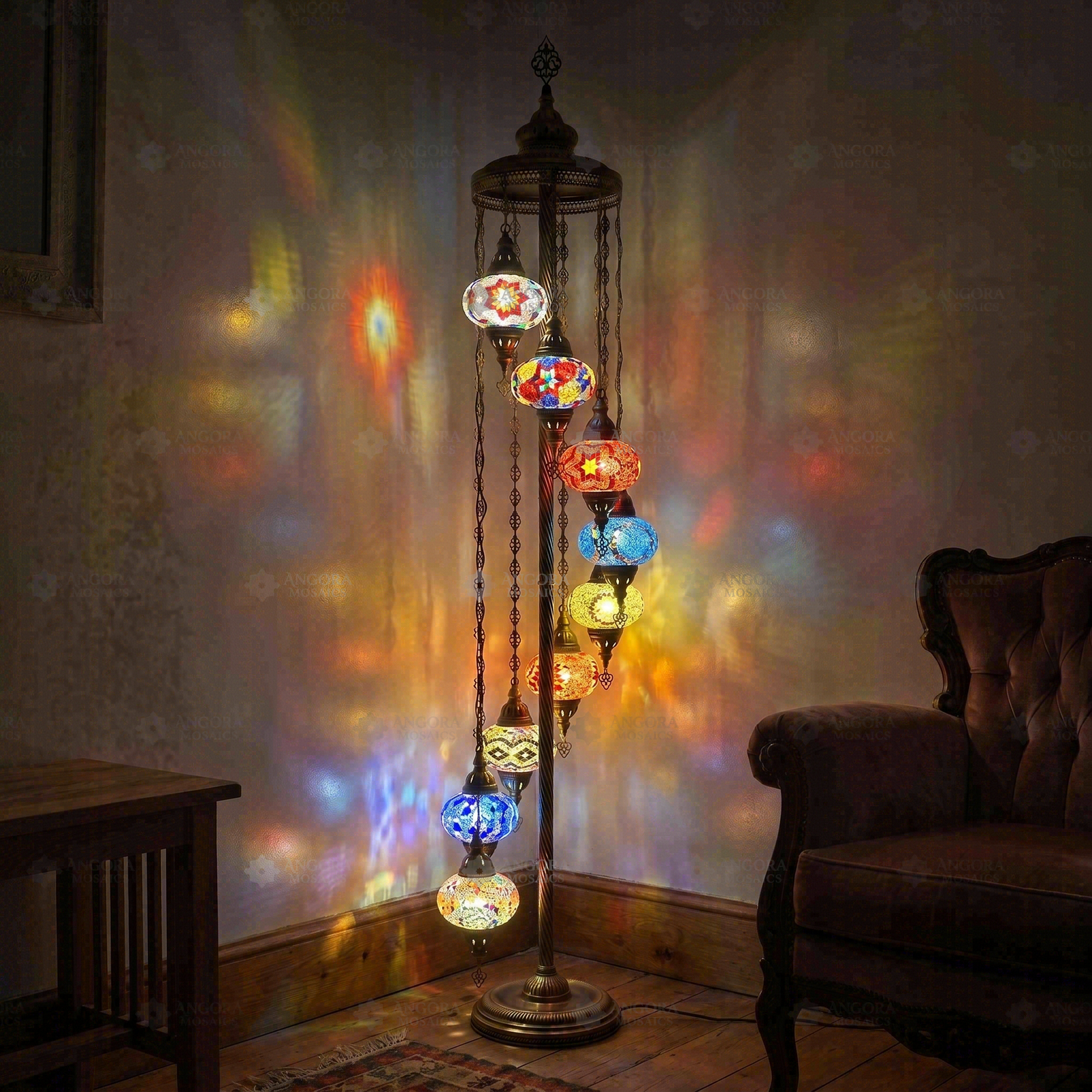 Multicolor multicolor jewel Turkish mosaic floor lamp in styled room — handmade Moroccan floor lamp (LMD9N3 (04-06-07-13-24-25-26-28-65))