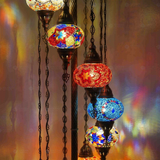 Lit close-up of mosaic glass globe — Multicolor floor lamp glowing (LMD9N3 (04-06-13-14-24-25-28-29-65))
