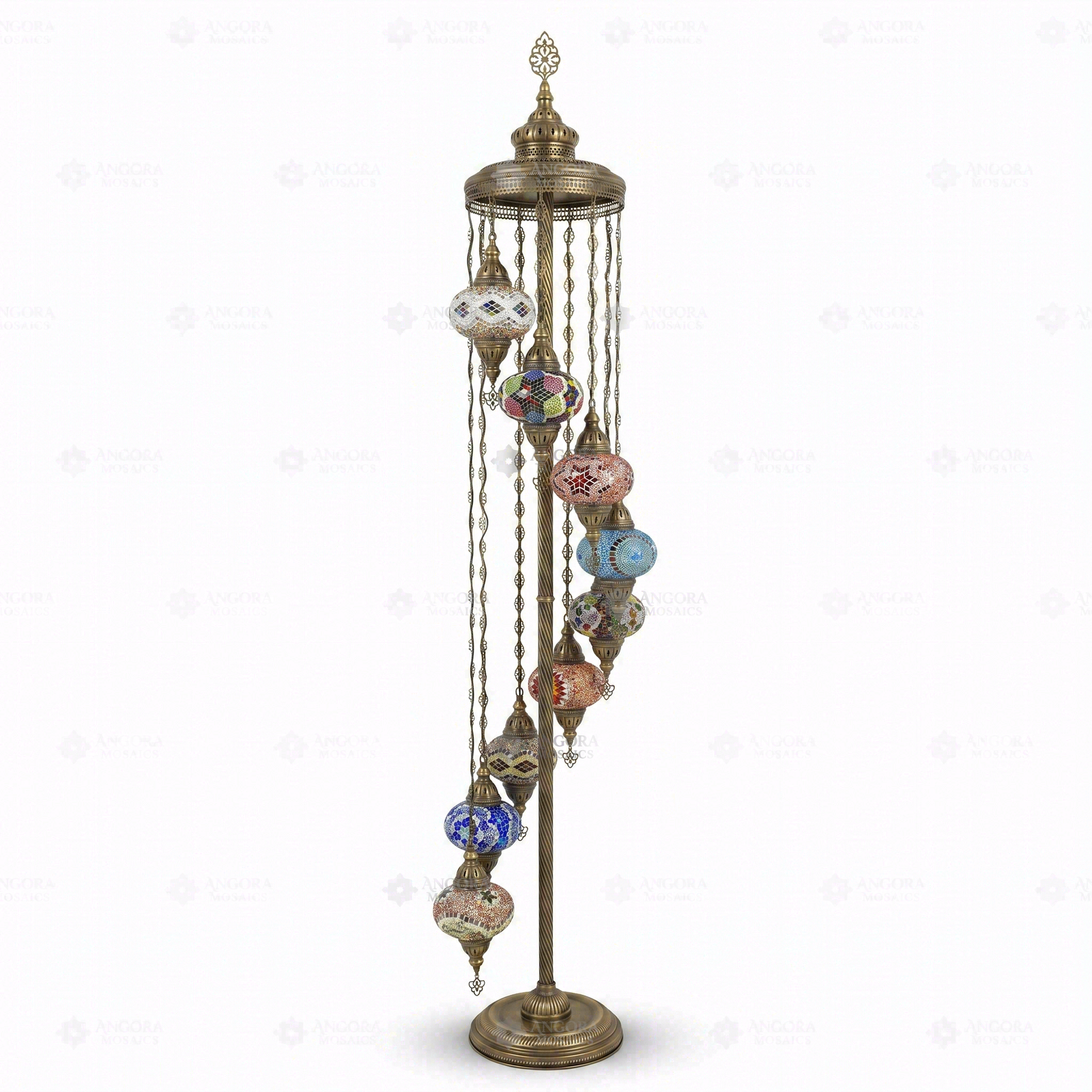Full view of handmade Multicolor multicolor jewel Turkish mosaic floor lamp on white background (LMD9N3 (04-06-13-14-24-25-28-29-65))