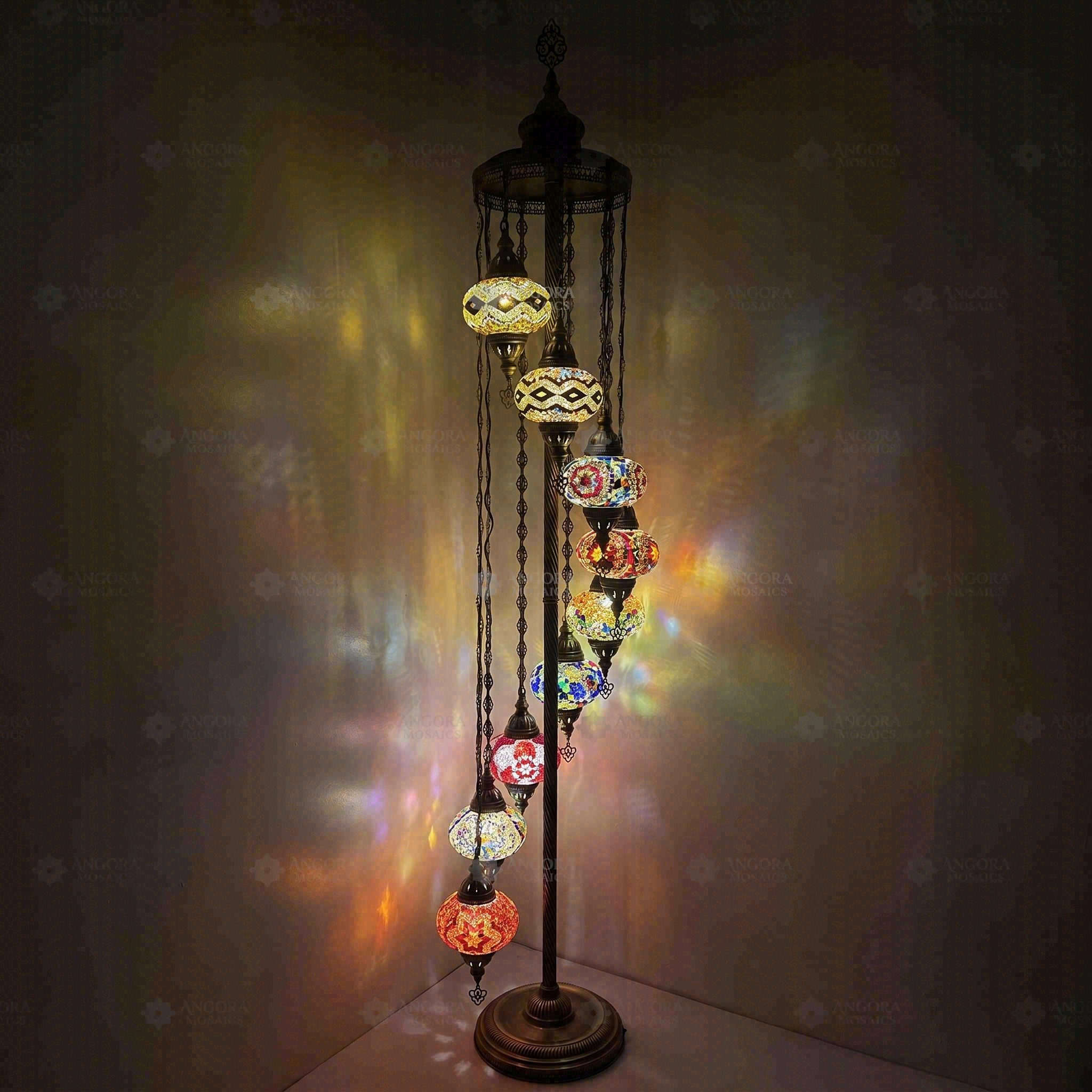 Multicolor Turkish mosaic floor lamp illuminated, showing colorful light projection (LMD9N3 (04-08-10-13-21-25-29-56-57))