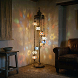 Multicolor multicolor jewel Turkish mosaic floor lamp in styled room — handmade Moroccan floor lamp (LMD9N3 (04-08-10-13-21-25-29-56-57))