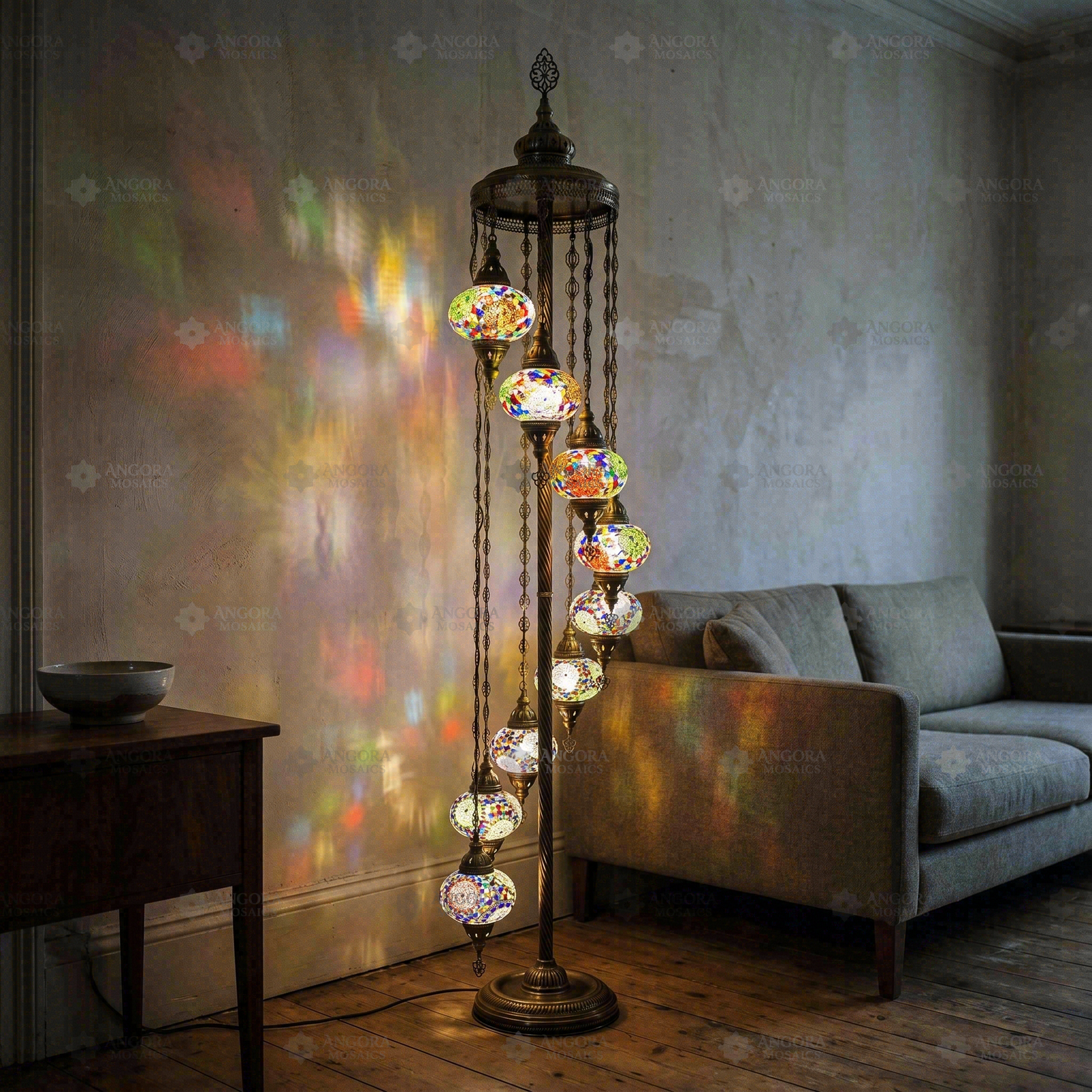 Multicolor multicolor jewel Turkish mosaic floor lamp in styled room — handmade Moroccan floor lamp (LMD9N3 (3001))
