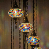 Lit close-up of mosaic glass globe — Multicolor floor lamp glowing (LMD9N3 (3002))