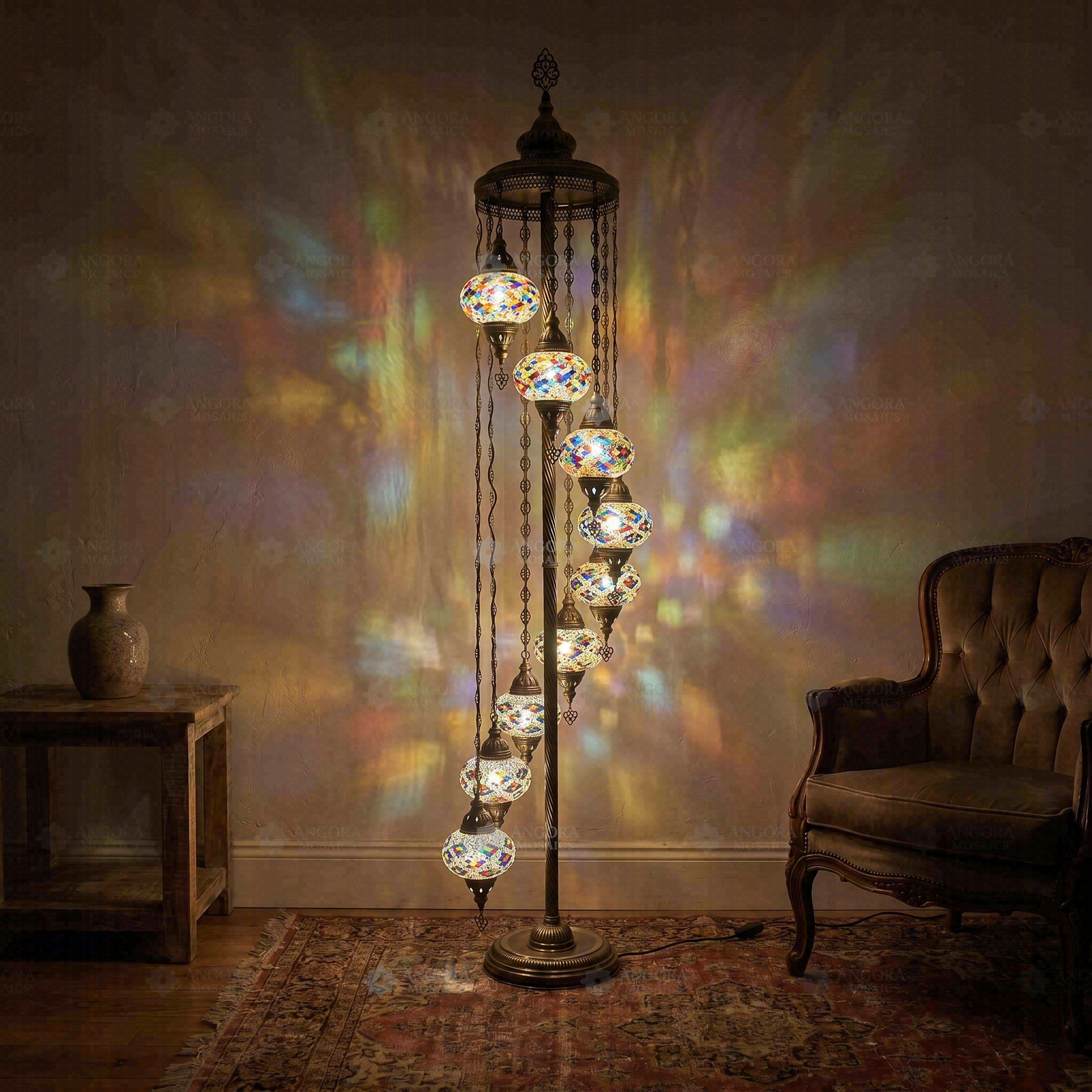 Multicolor multicolor jewel Turkish mosaic floor lamp in styled room — handmade Moroccan floor lamp (LMD9N3 (3002))