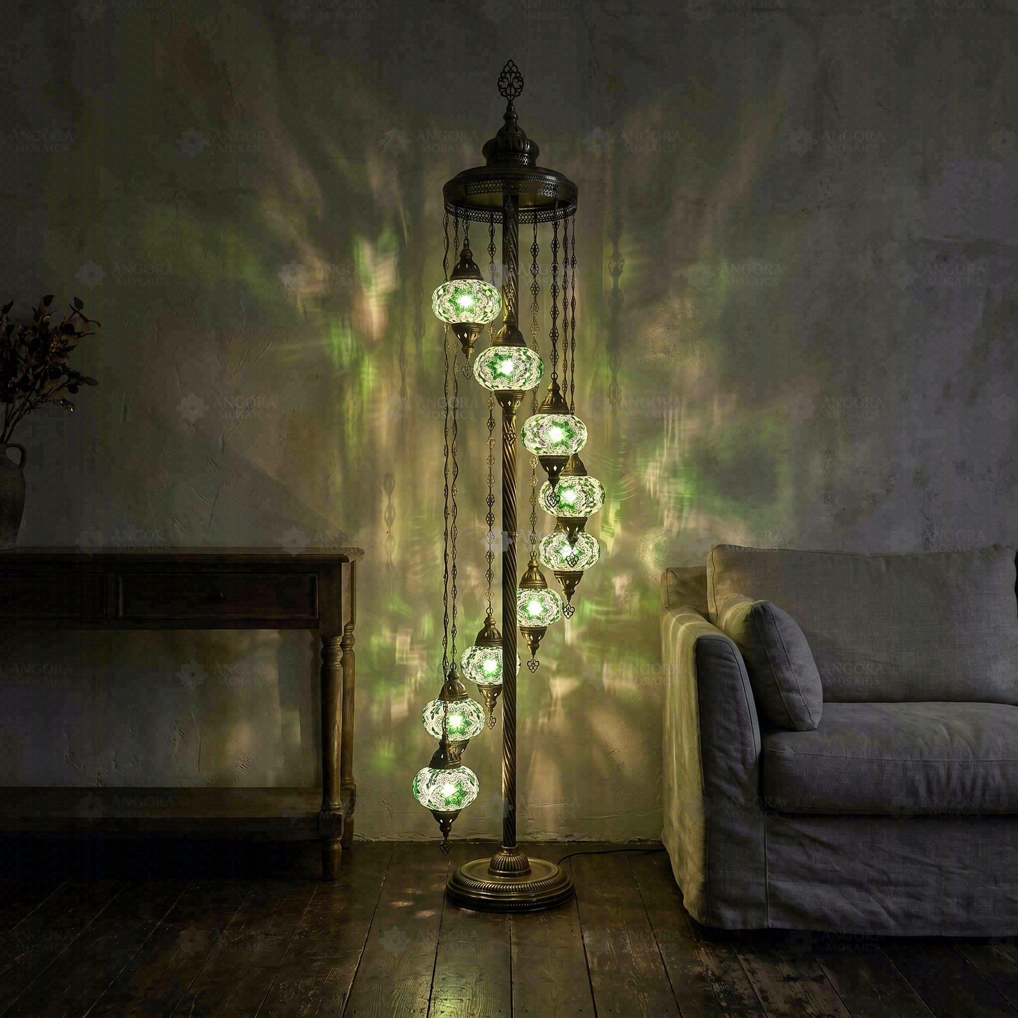 Green green jewel Turkish mosaic floor lamp in styled room — handmade Moroccan floor lamp (LMD9N3 (3003))