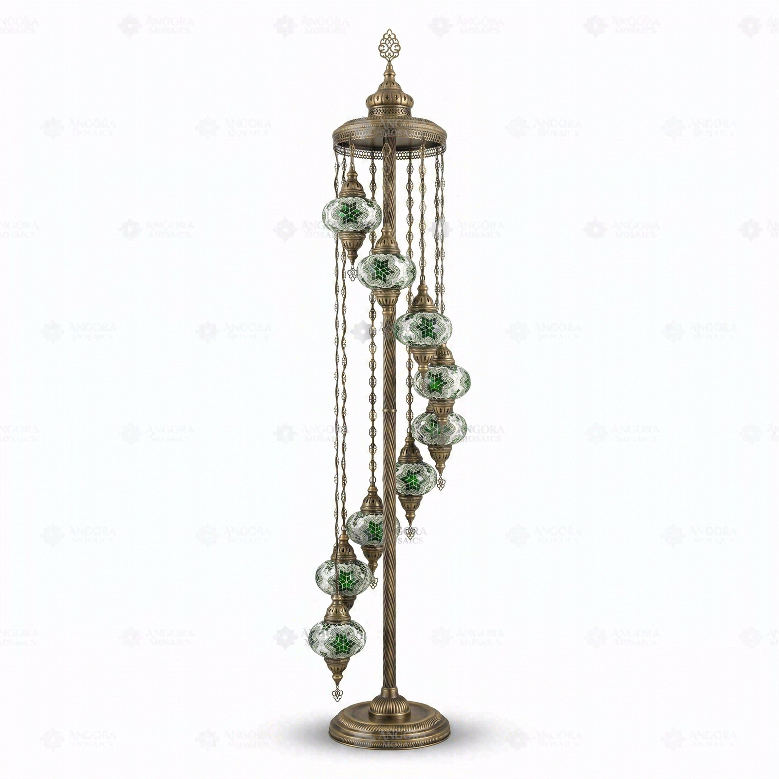 Full view of handmade Green green jewel Turkish mosaic floor lamp on white background (LMD9N3 (3003))