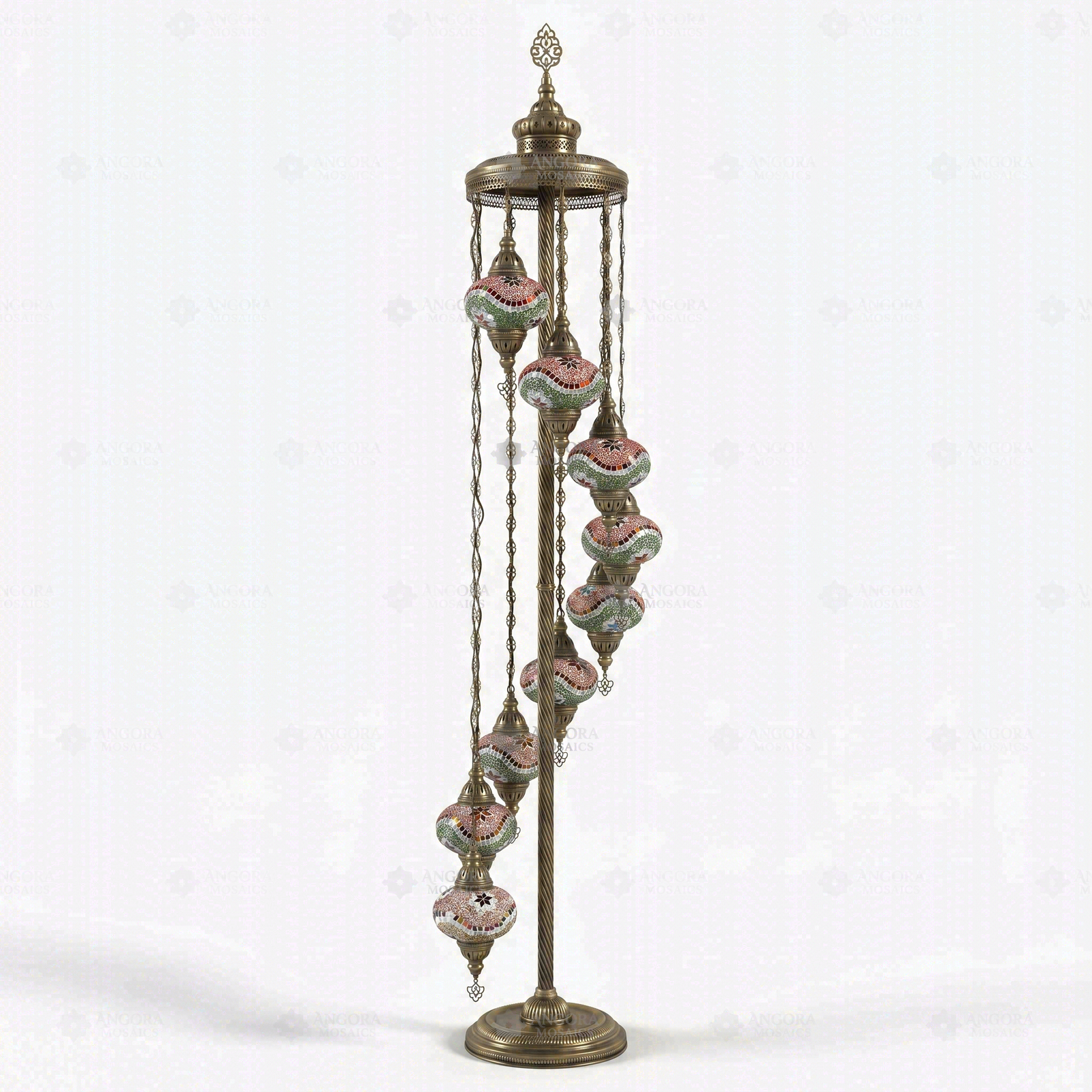 Full view of handmade Multicolor multicolor jewel Turkish mosaic floor lamp on white background (LMD9N3 (3004))