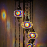 Lit close-up of mosaic glass globe — Multicolor floor lamp glowing (LMD9N3 (3018))