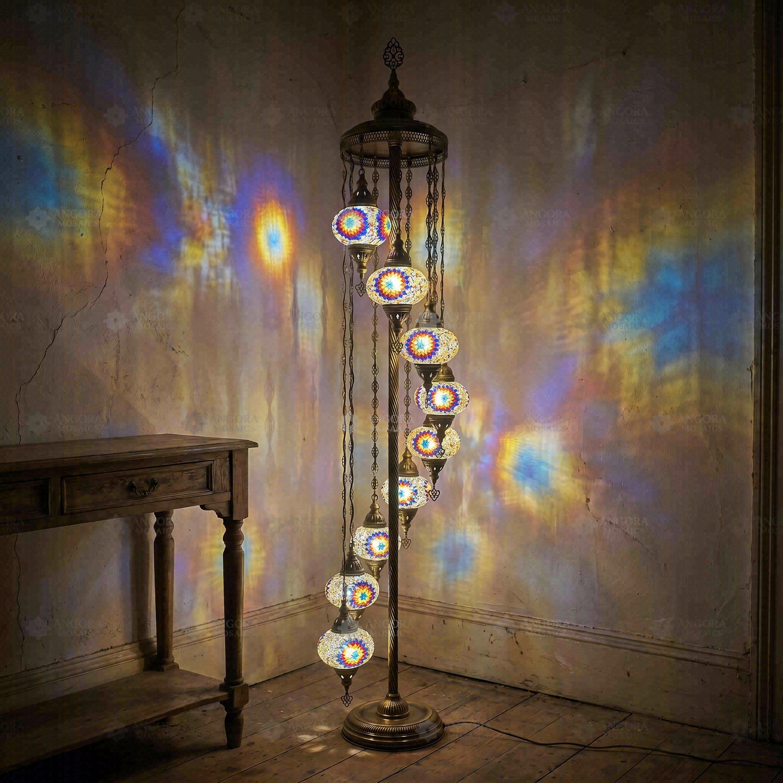 Multicolor multicolor jewel Turkish mosaic floor lamp in styled room — handmade Moroccan floor lamp (LMD9N3 (3018))