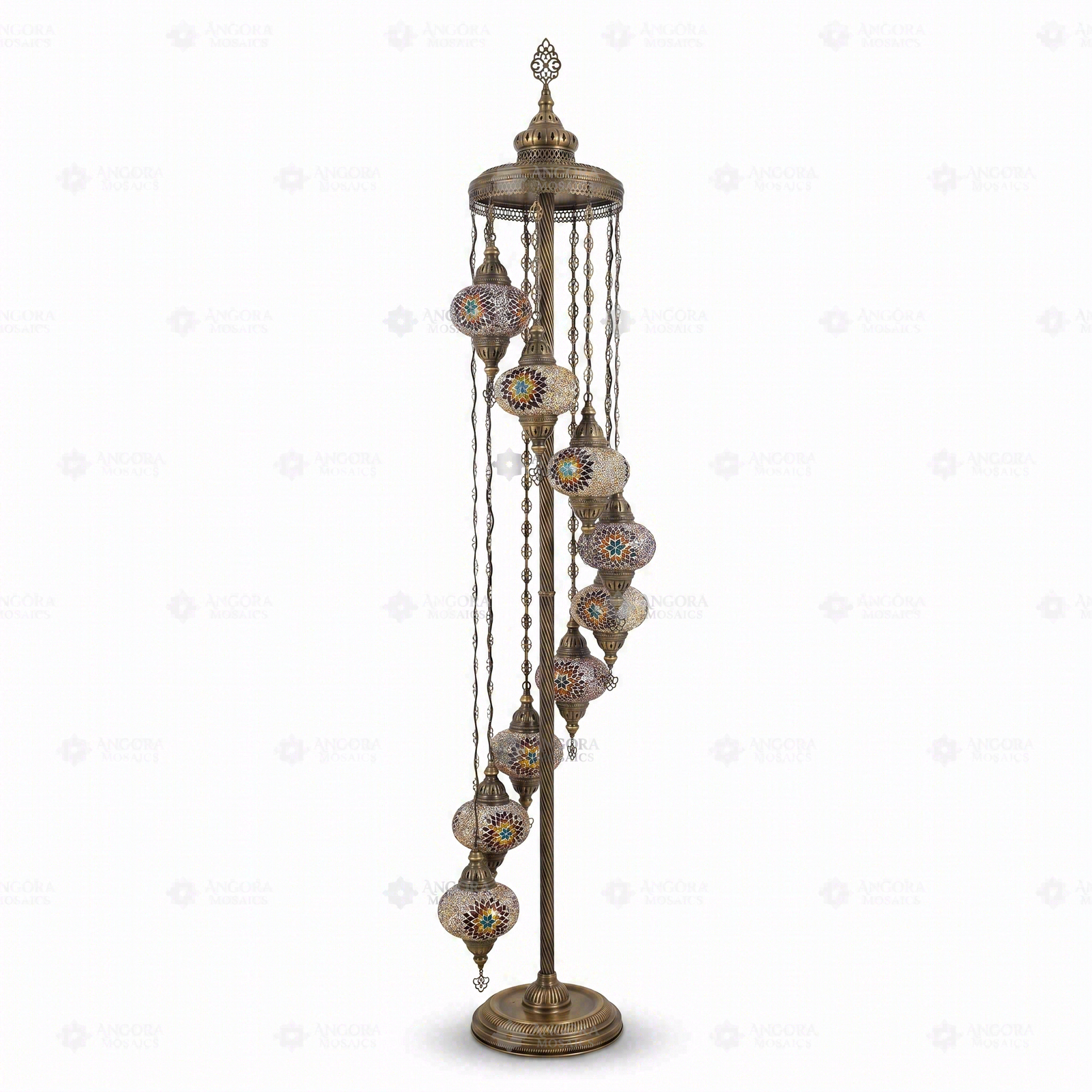Full view of handmade Multicolor multicolor jewel Turkish mosaic floor lamp on white background (LMD9N3 (3018))