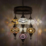 Multicolor Turkish mosaic chandelier illuminated, showing colorful light projection (SLT7N3 (12-13-36-43-64-87-88))