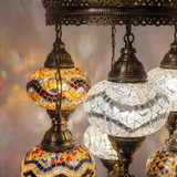 Lit close-up of mosaic glass globe — Multicolor chandelier glowing (SLT7N3 (12-13-36-43-64-87-88))