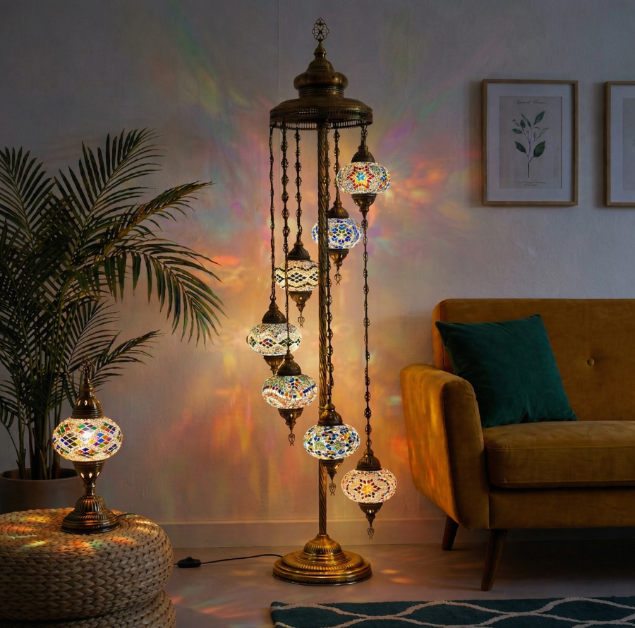A nine-globe Turkish mosaic floor lamp glowing in a living room