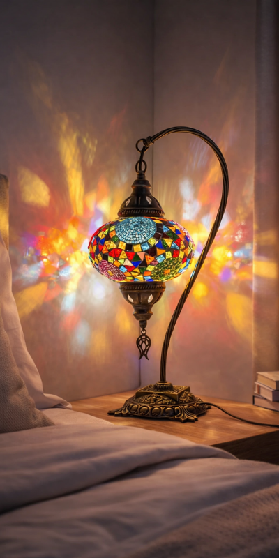A swan neck mosaic table lamp glowing beside a bed