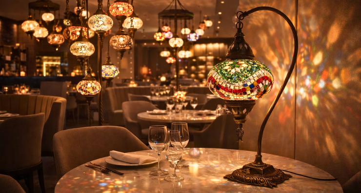 Mosaic lamps in a hospitality setting