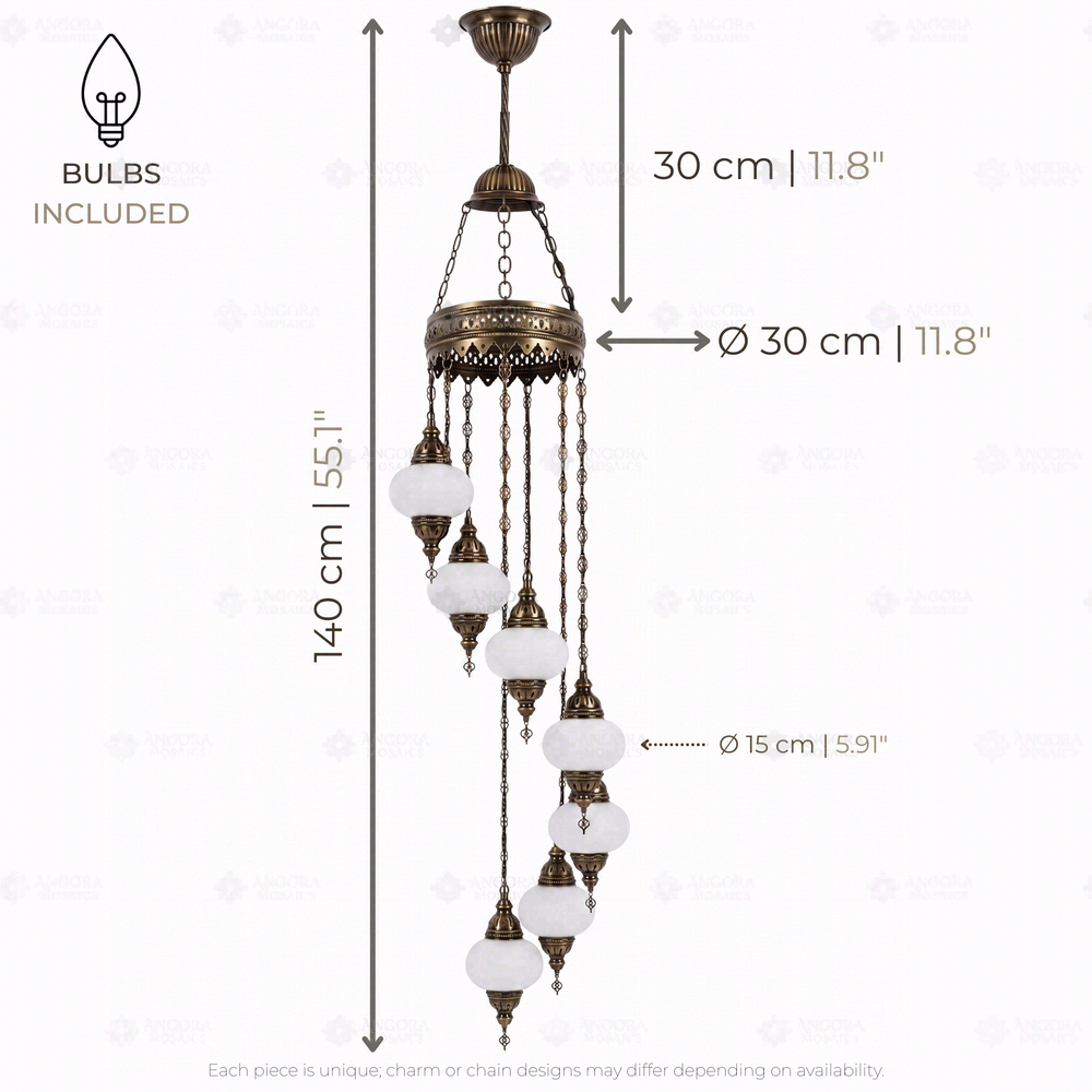 White 7-Globe Spiral Chandelier, dimensions