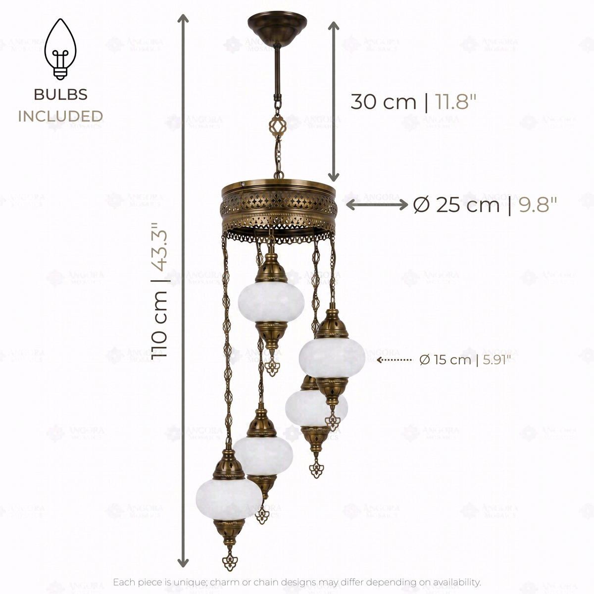 Multicolor 5-Globe Spiral Chandelier, dimensions